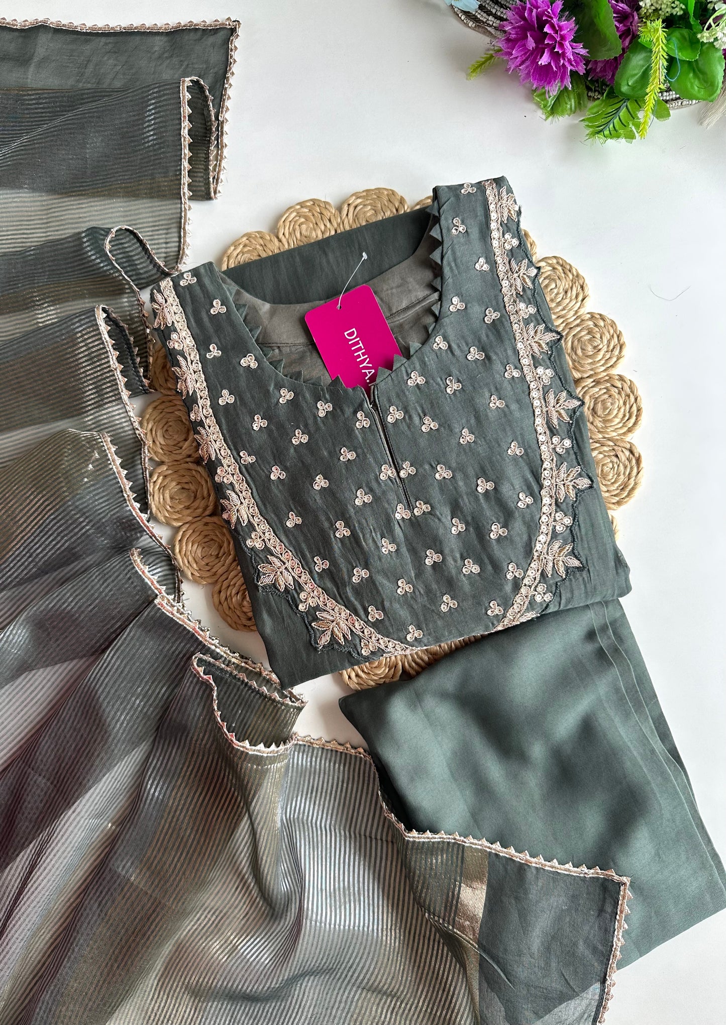 K072 - Mul Chanderi handwork Aline Kurti with pants and dupatta