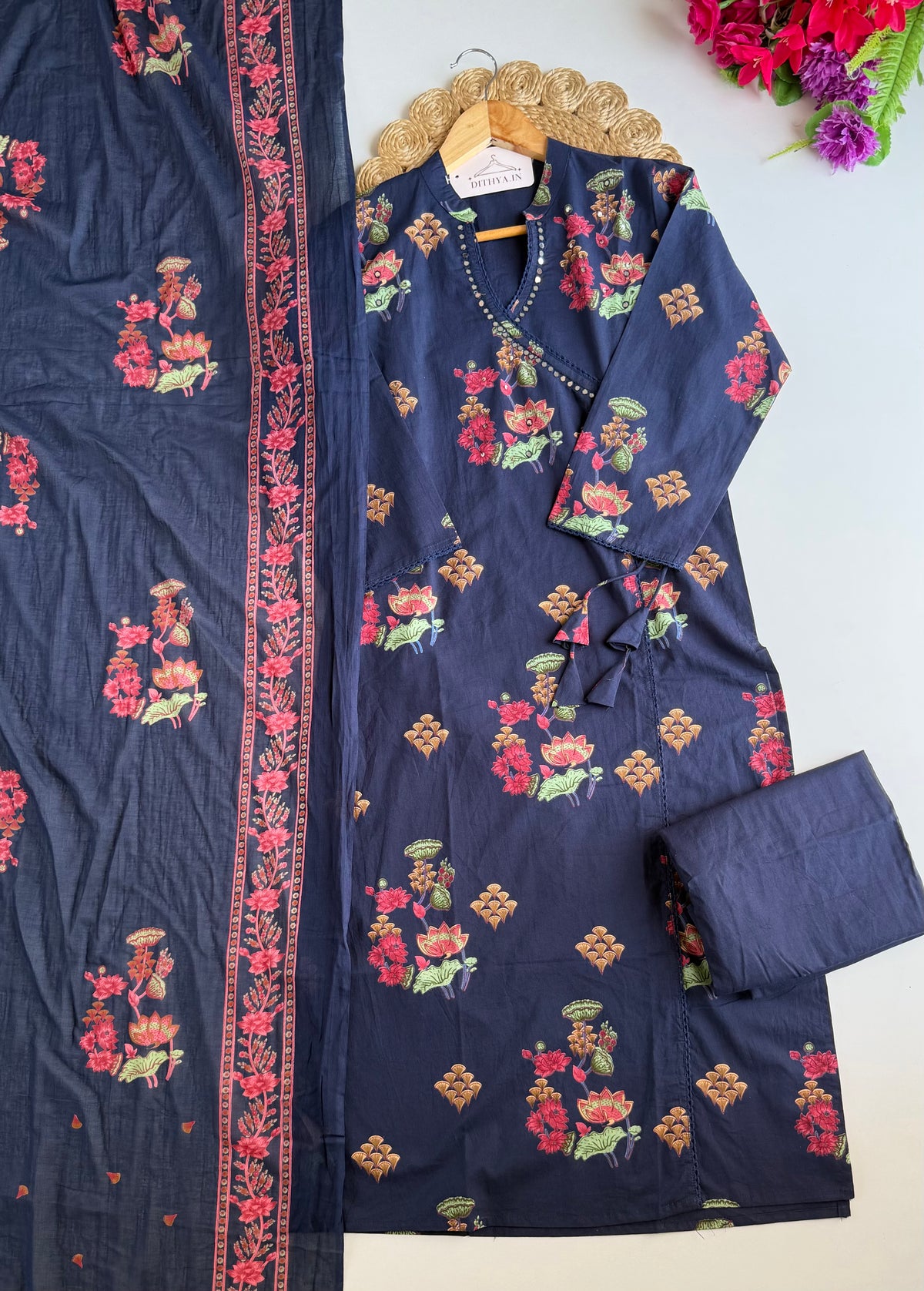K730 - Mul cotton floral angrakha straight Kurti with pants and dupatta
