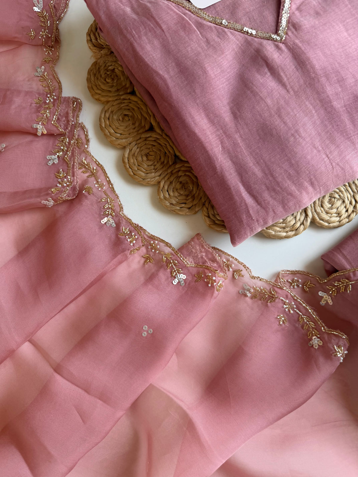 K248 - Mul chanderi handwork aline Kurti with pants and dupatta