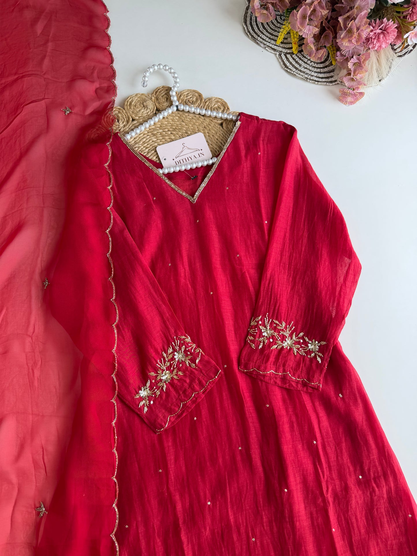 K529 - Mul chanderi handwork Aline Kurti with pants and dupatta in 2 colours