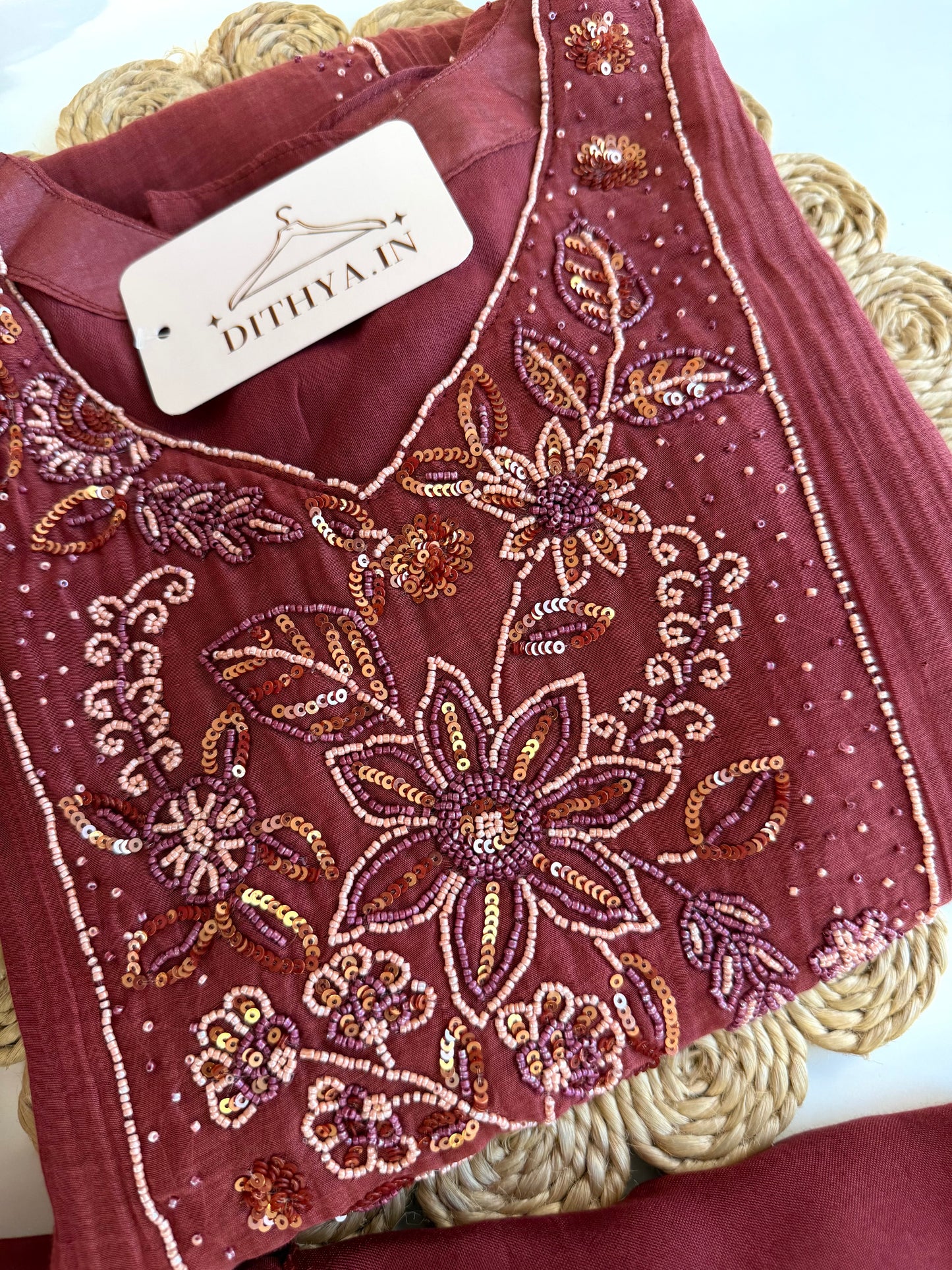 K507 - Mul chanderi handwork Aline Kurti with pants and dupatta