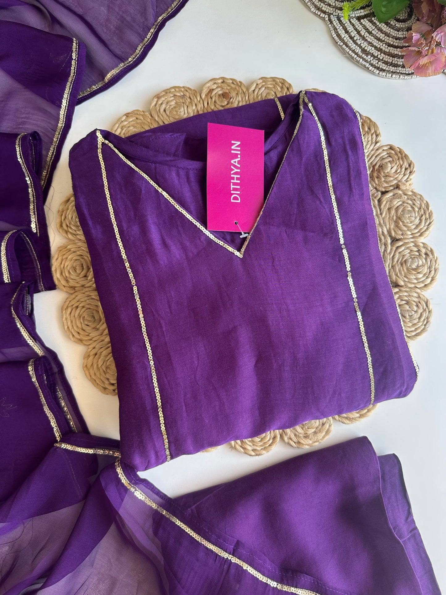K070 - Mul Chanderi handwork Aline Kurti with pants and dupatta