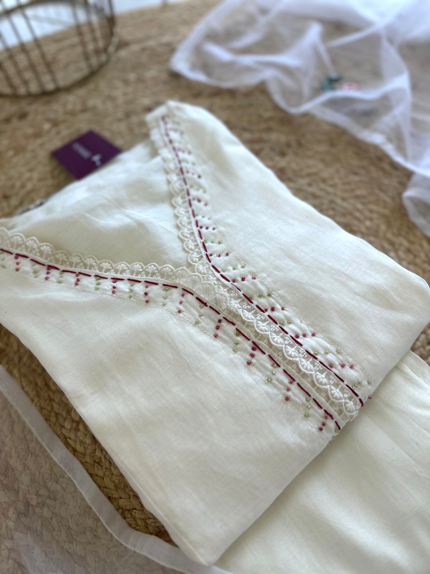 K340 - Mulmul chanderi embroidered Aline Kurti with pants and dupatta .