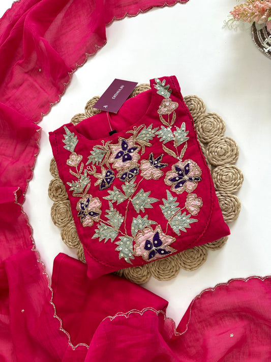 K265 - Mul Chanderi applique work Aline Kurti with pants and dupatta in 2 colours