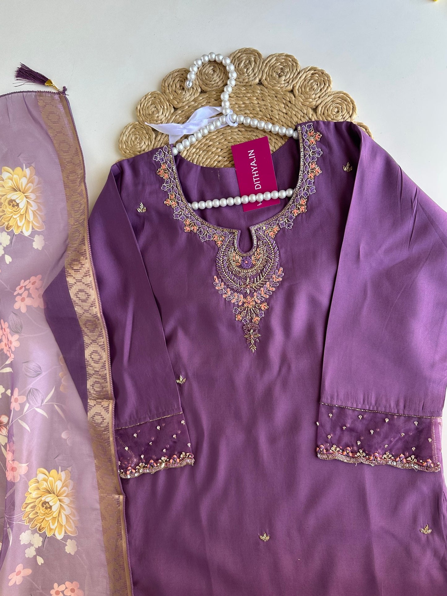 K154 - Roman silk handwork straight Kurti with pants and dupatta