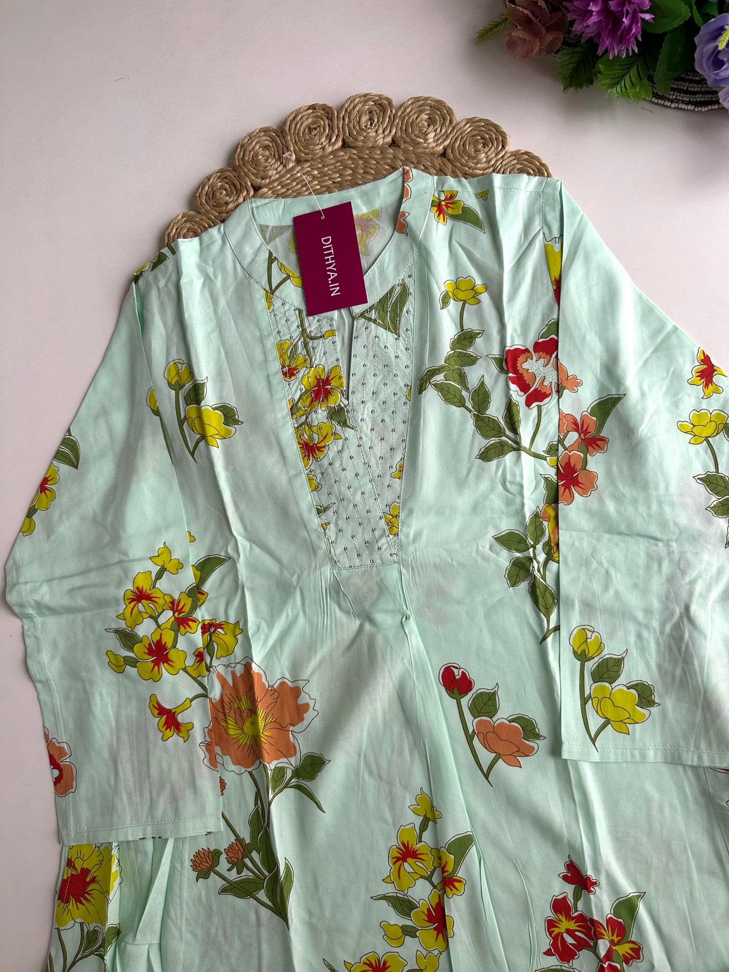 K414 - Cotton floral Aline Kurti with pants