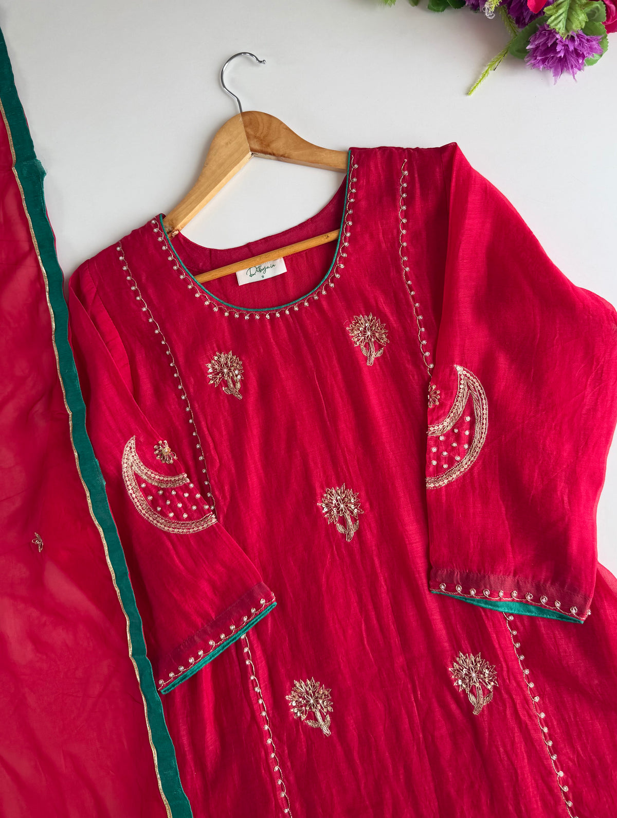K050 - Mul chanderi handwork aline Kurti with pants and dupatta