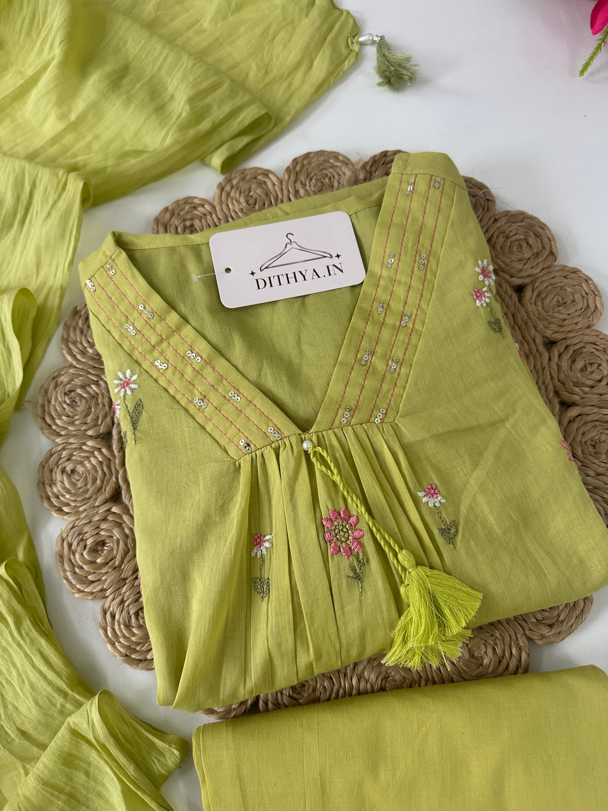 K395 - Mul cotton embroidered Aline Kurti with pants and dupatta in 3 colours