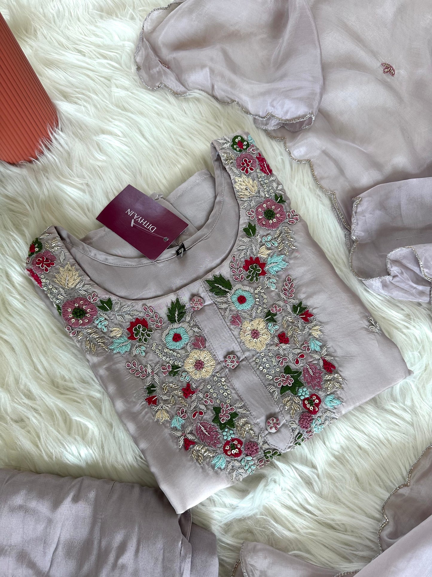 K152 - Viscose organza handwork straight Kurti with pants and dupatta in 2 colours