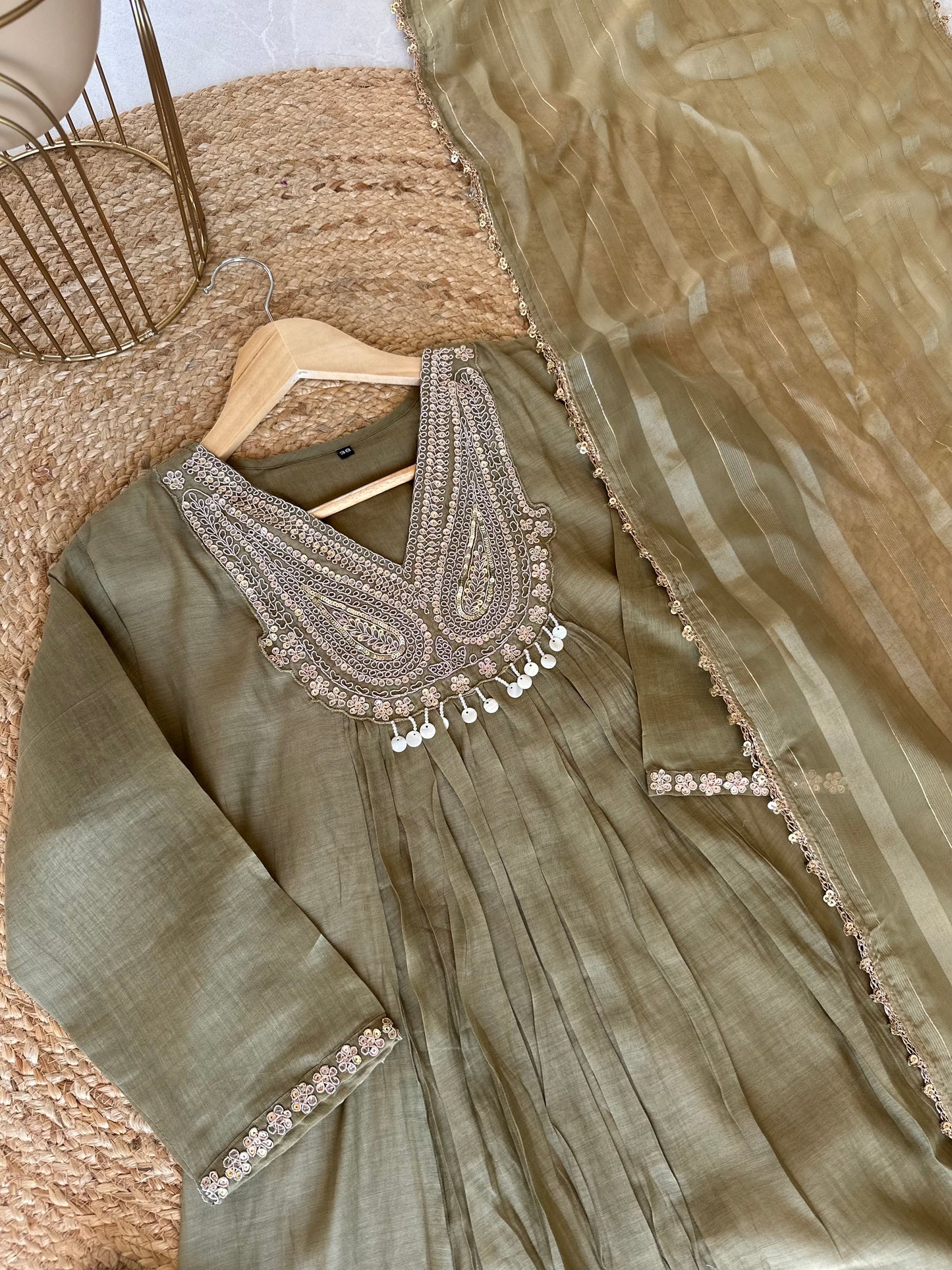 K093 - Mul Chanderi handwork Aline Kurti with pants and dupatta