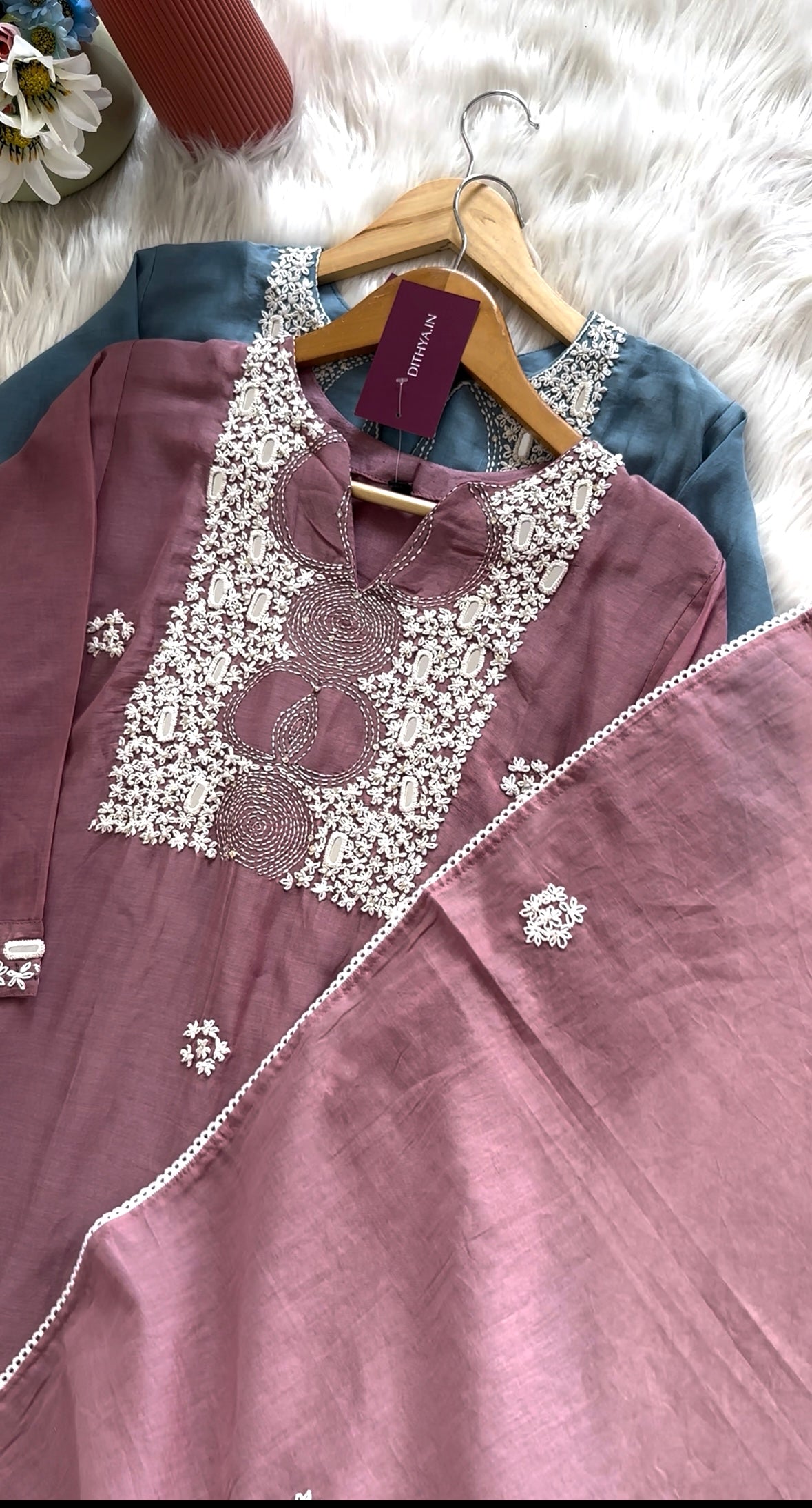 K410 - Mul Chanderi handwork Aline Kurti with pants and dupatta in 2 colours