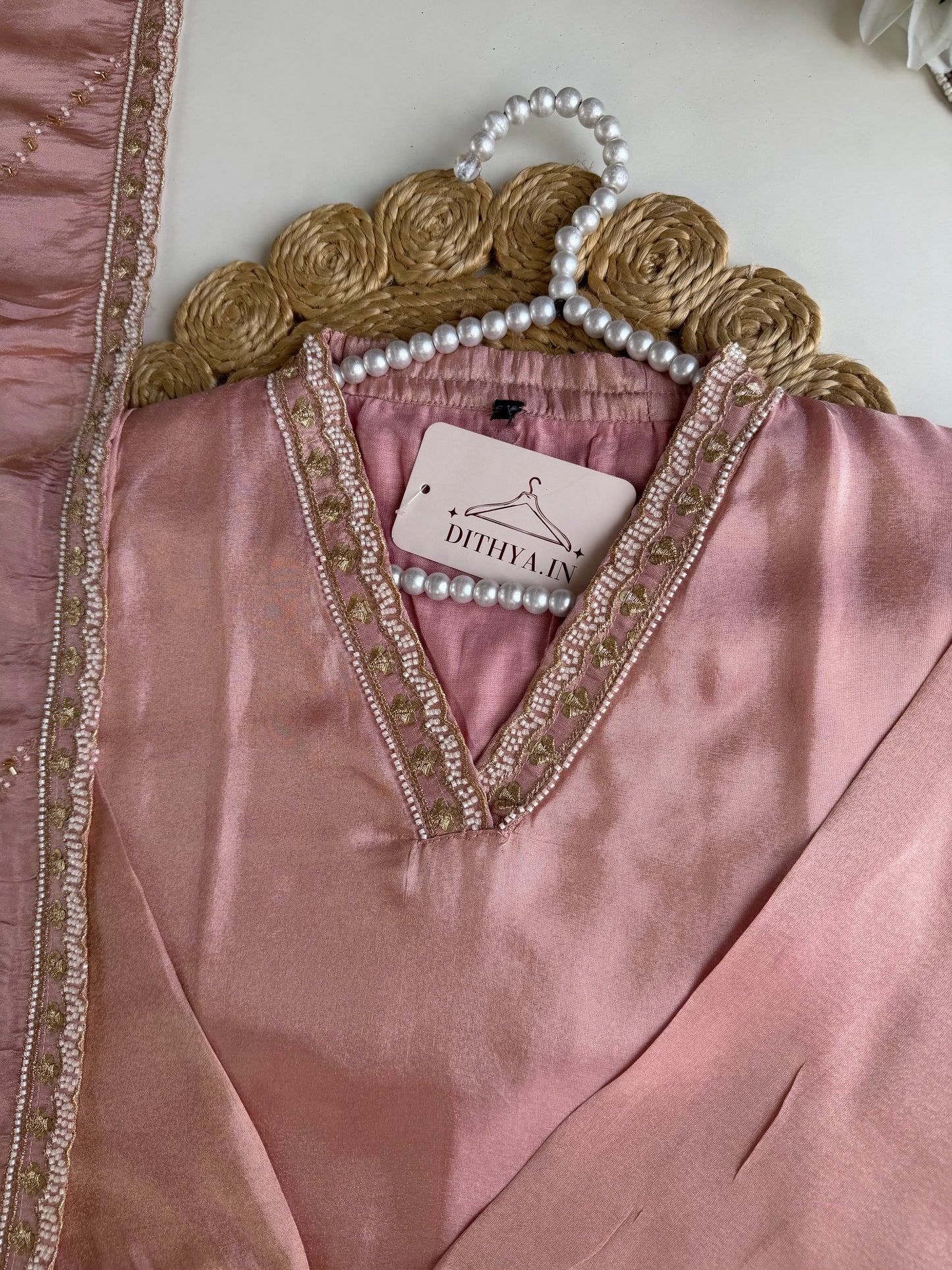 K627 - Tissue silk handwork straight Kurti with pants and dupatta