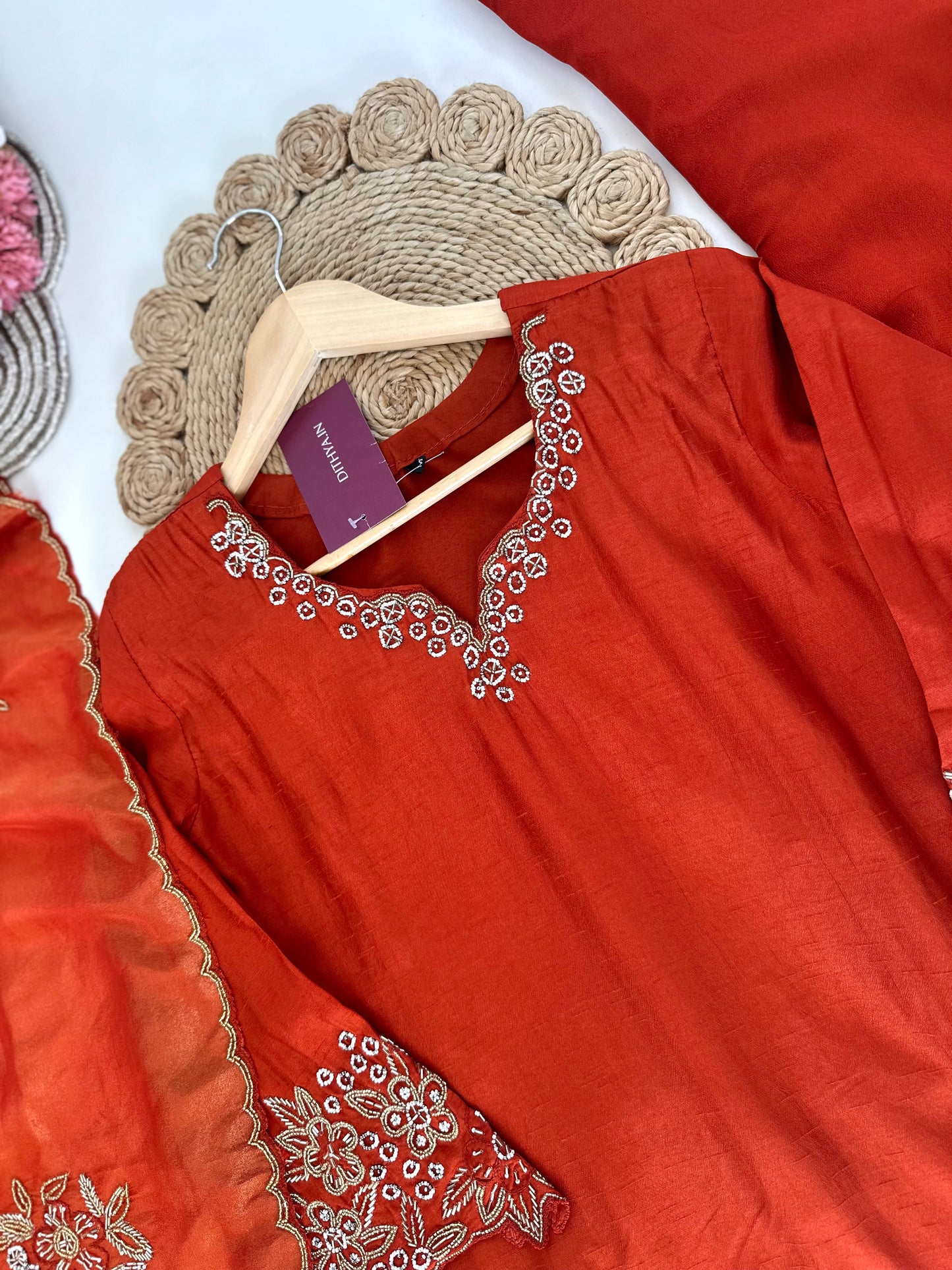 K207 - Russian silk handwork Kurti with palazzo and dupatta in 2 colours.
