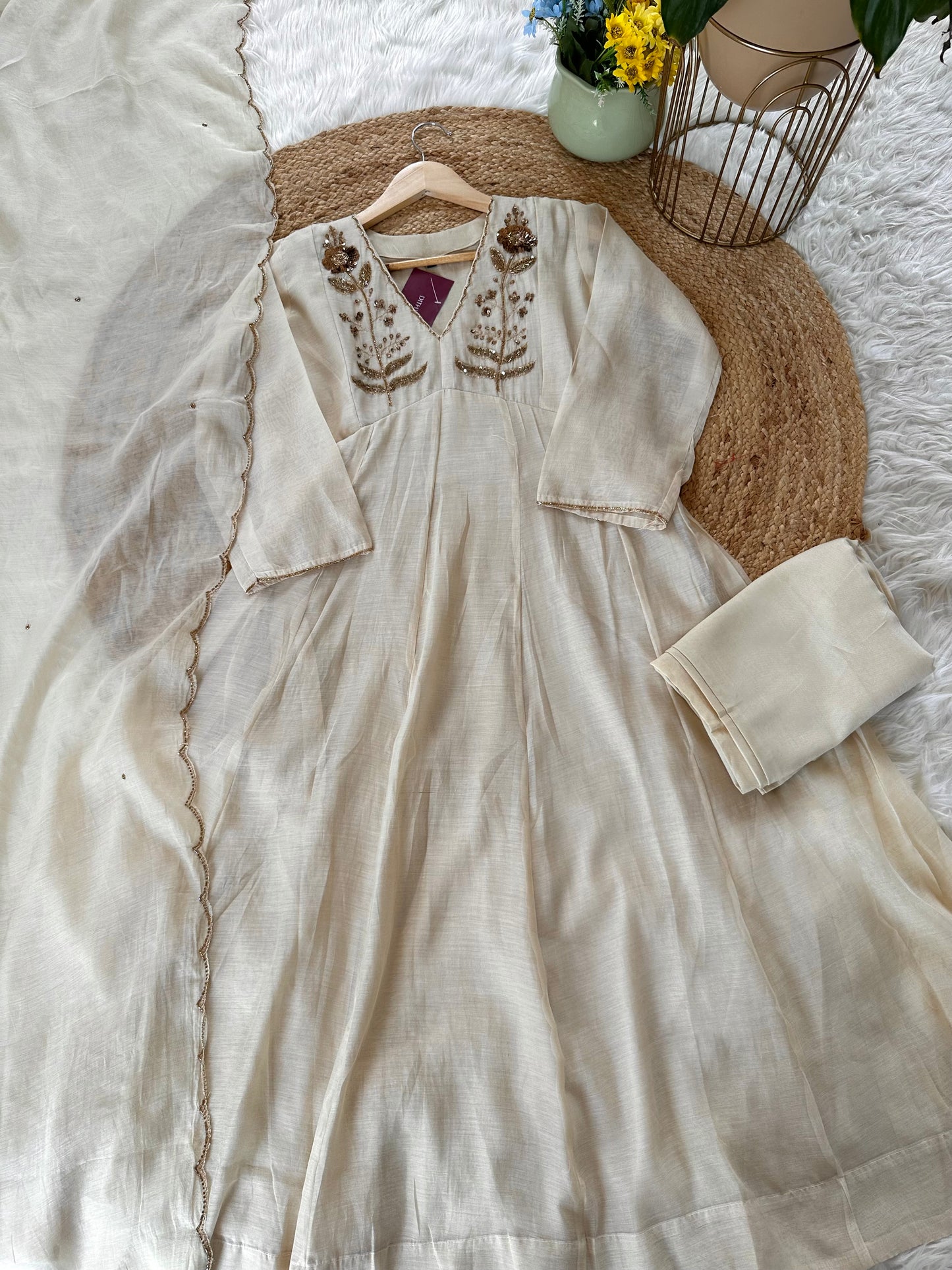 K181 - Zardosi Work Mul Chanderi Aline Kurti with pants and dupatta .