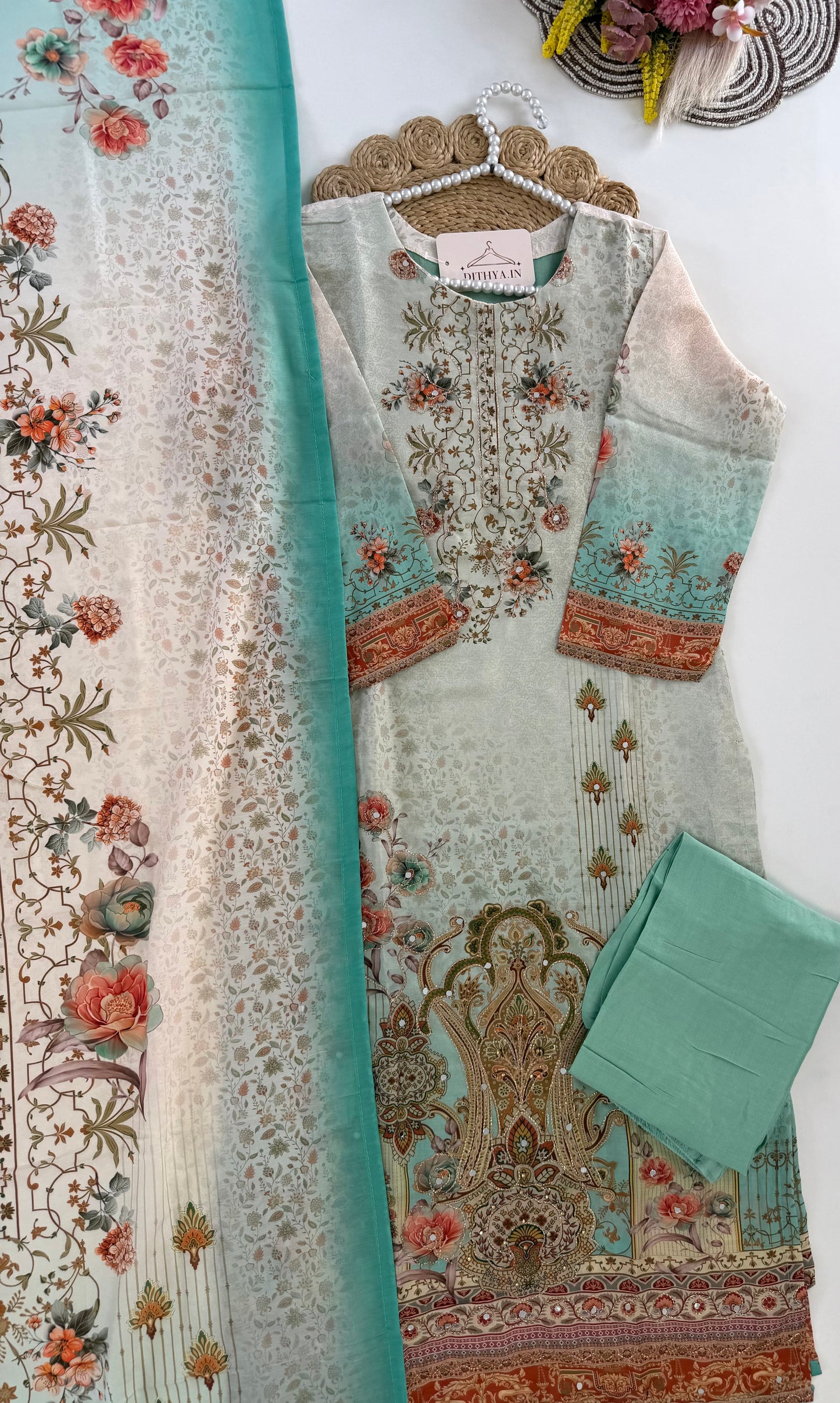 K518 - Rayon printed straight Kurti with pants and dupatta