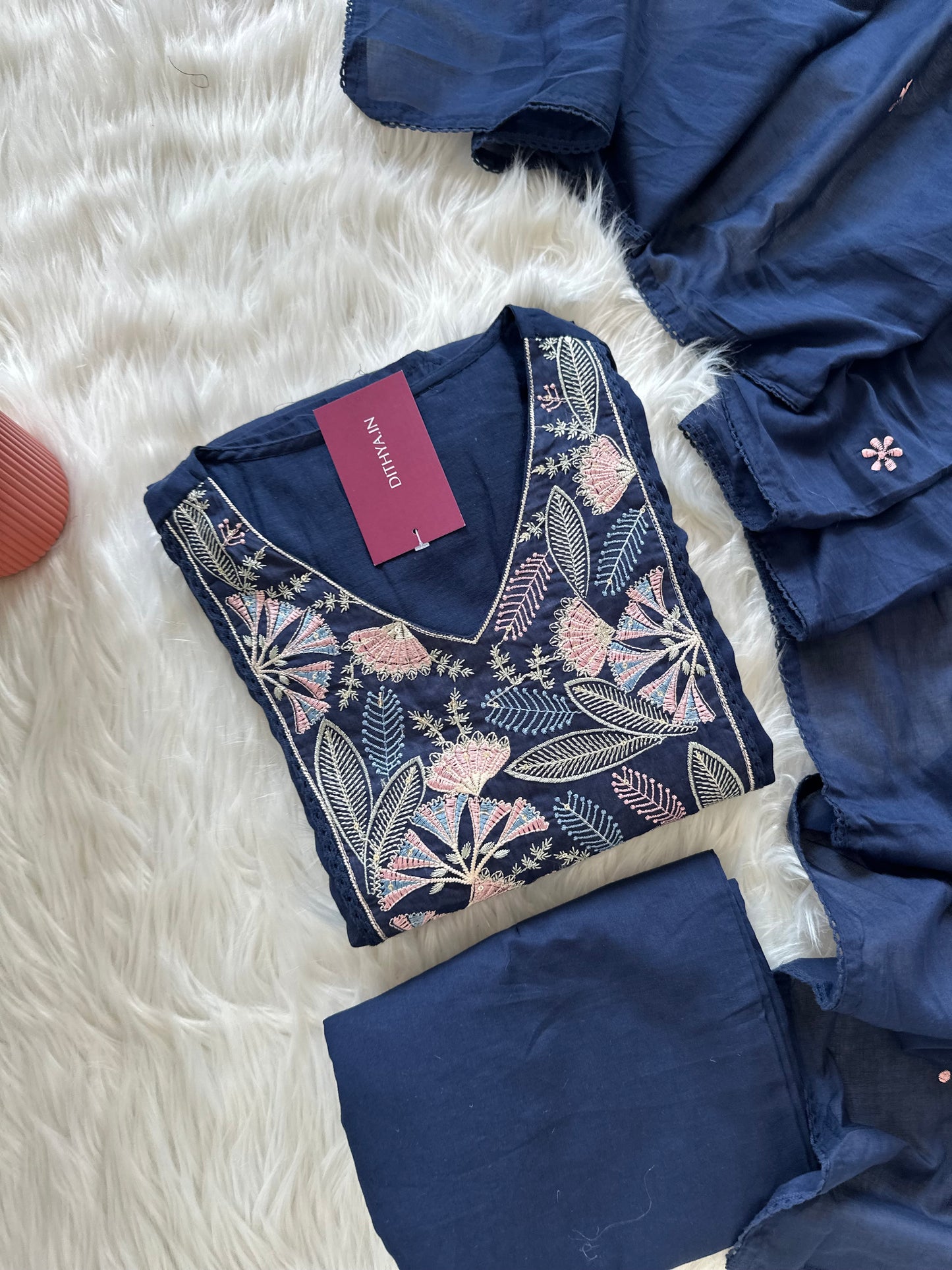 K012 - Mulmul cotton embroidered Aline Kurti with pants and dupatta in 2 colours
