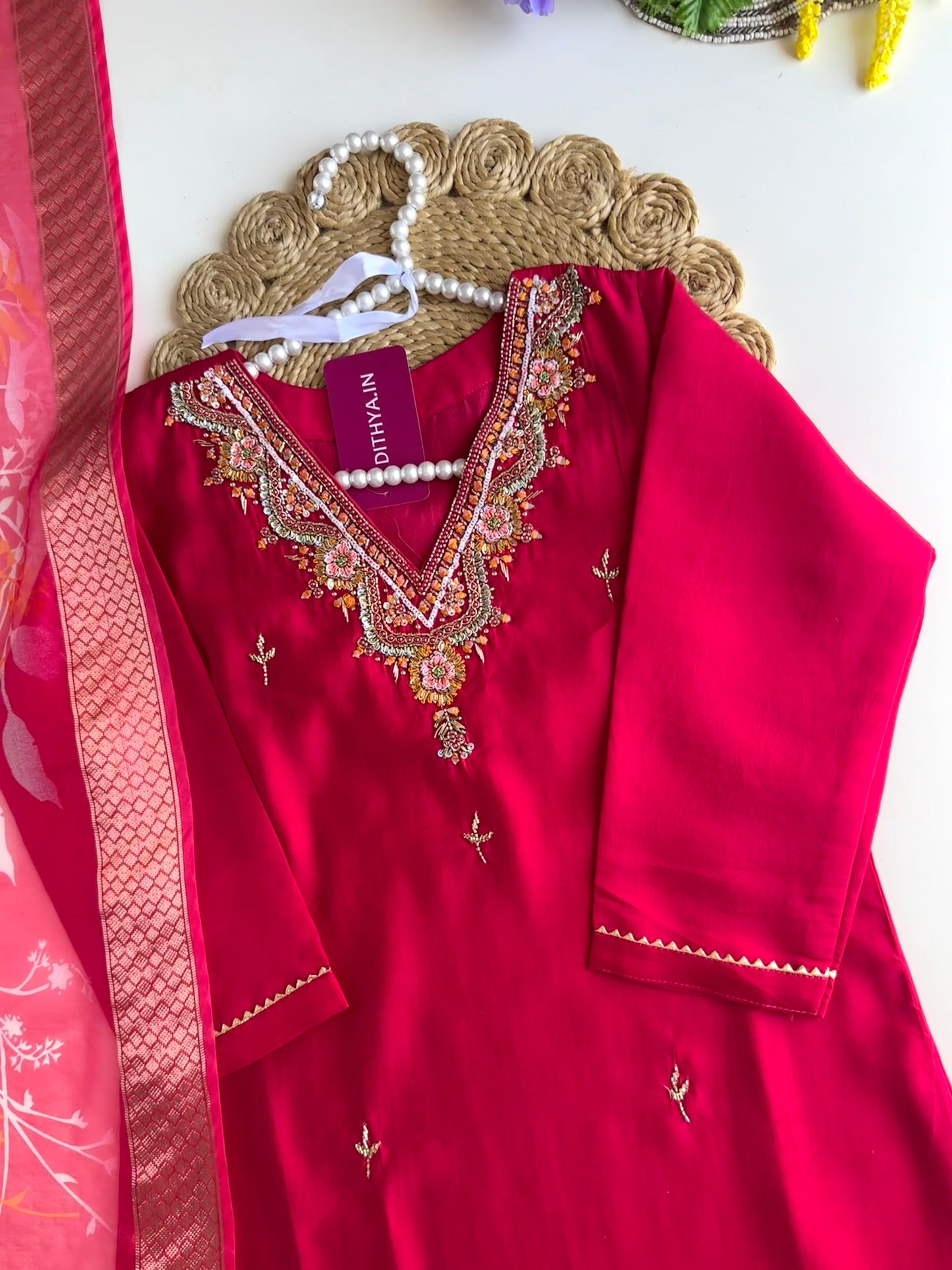 K024 - Roman silk handwork straight Kurti with pants and dupatta in 3 colours