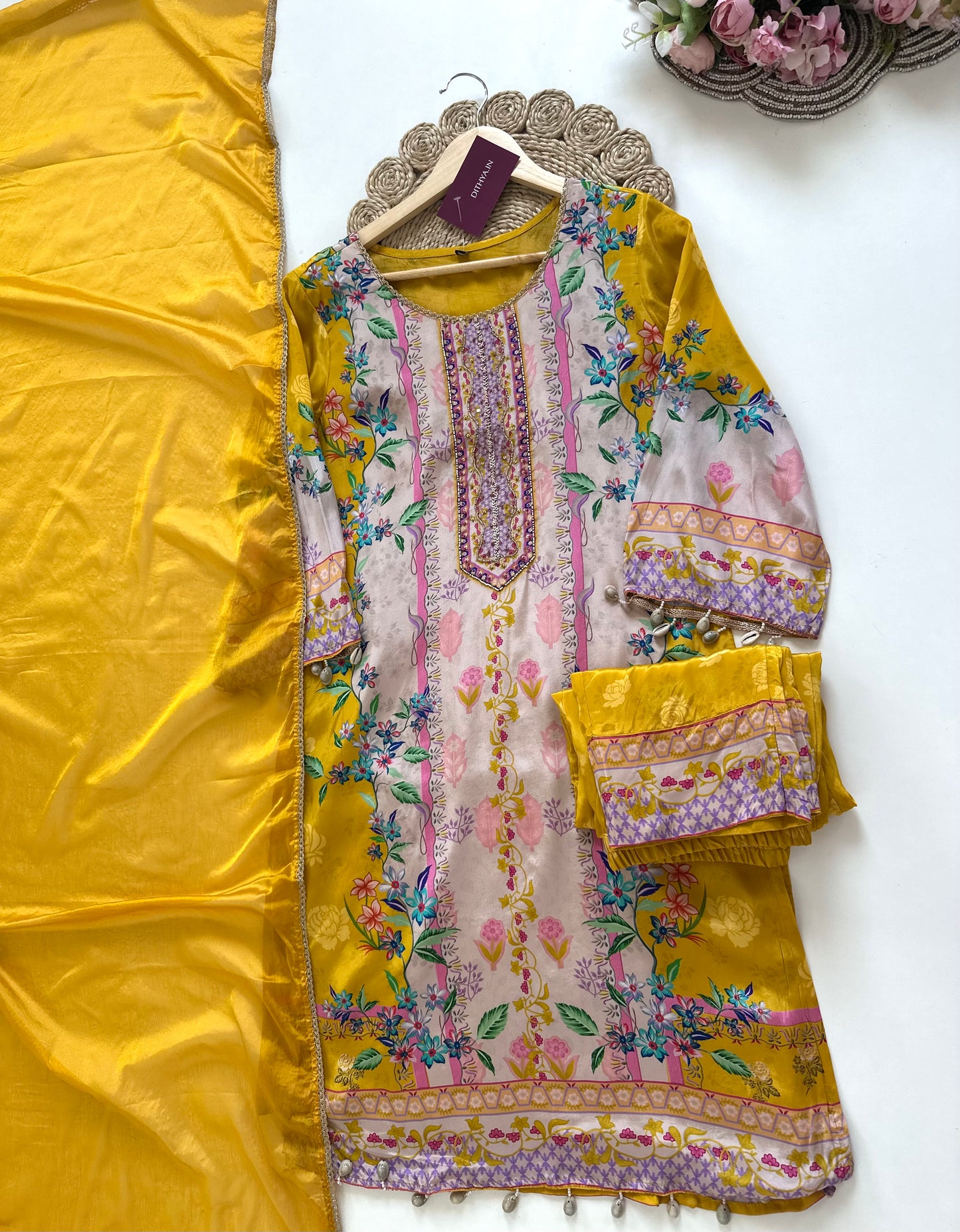 K070 - Pure crepe floral printed Aline Kurti with pants and dupatta