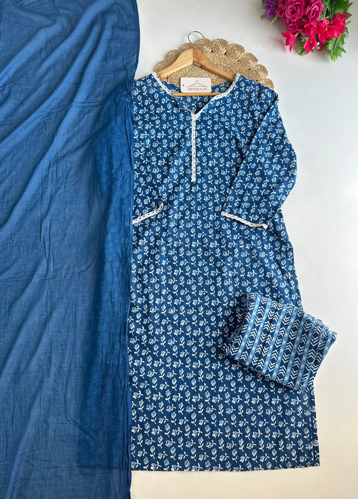 D591 - Cotton Straight Kurti with Pants and Dupatta
