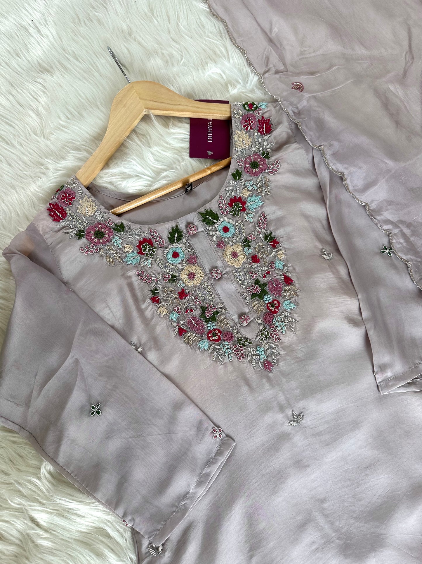 K152 - Viscose organza handwork straight Kurti with pants and dupatta in 2 colours
