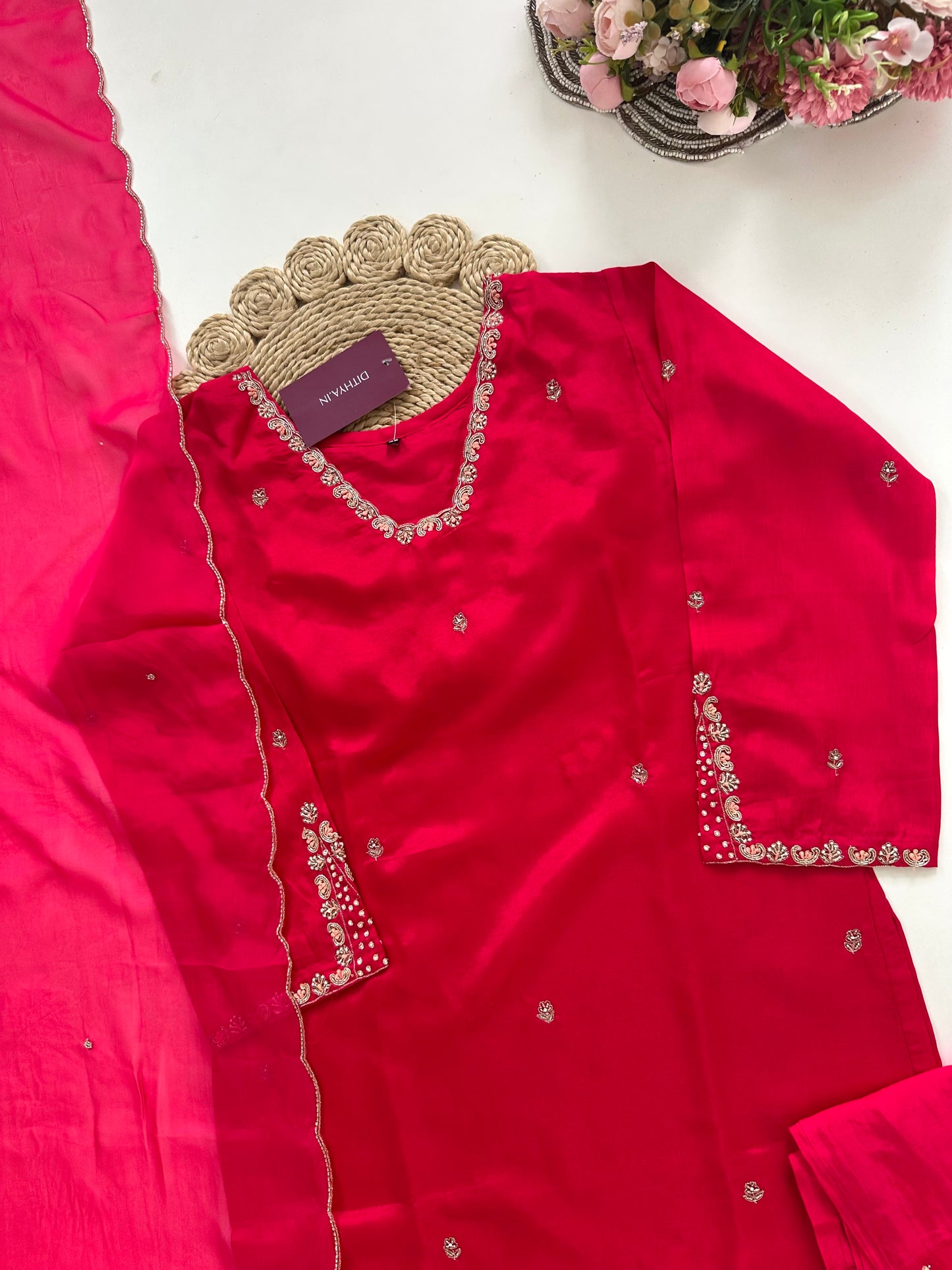 K010 - Dola silk handwork straight Kurti with pants and dupatta in 2 colours