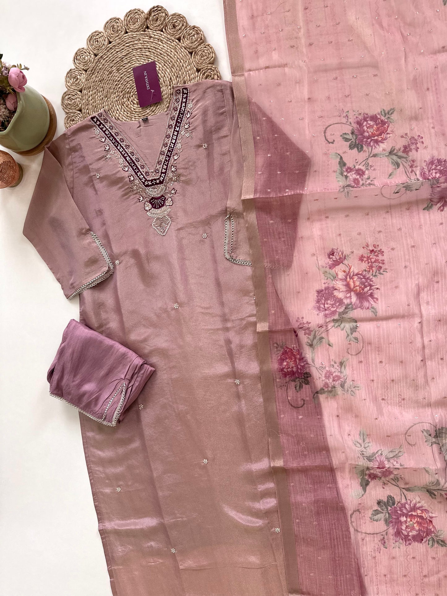 K087 - Tissue silk Handwork Straight kurti with pants and dupatta.