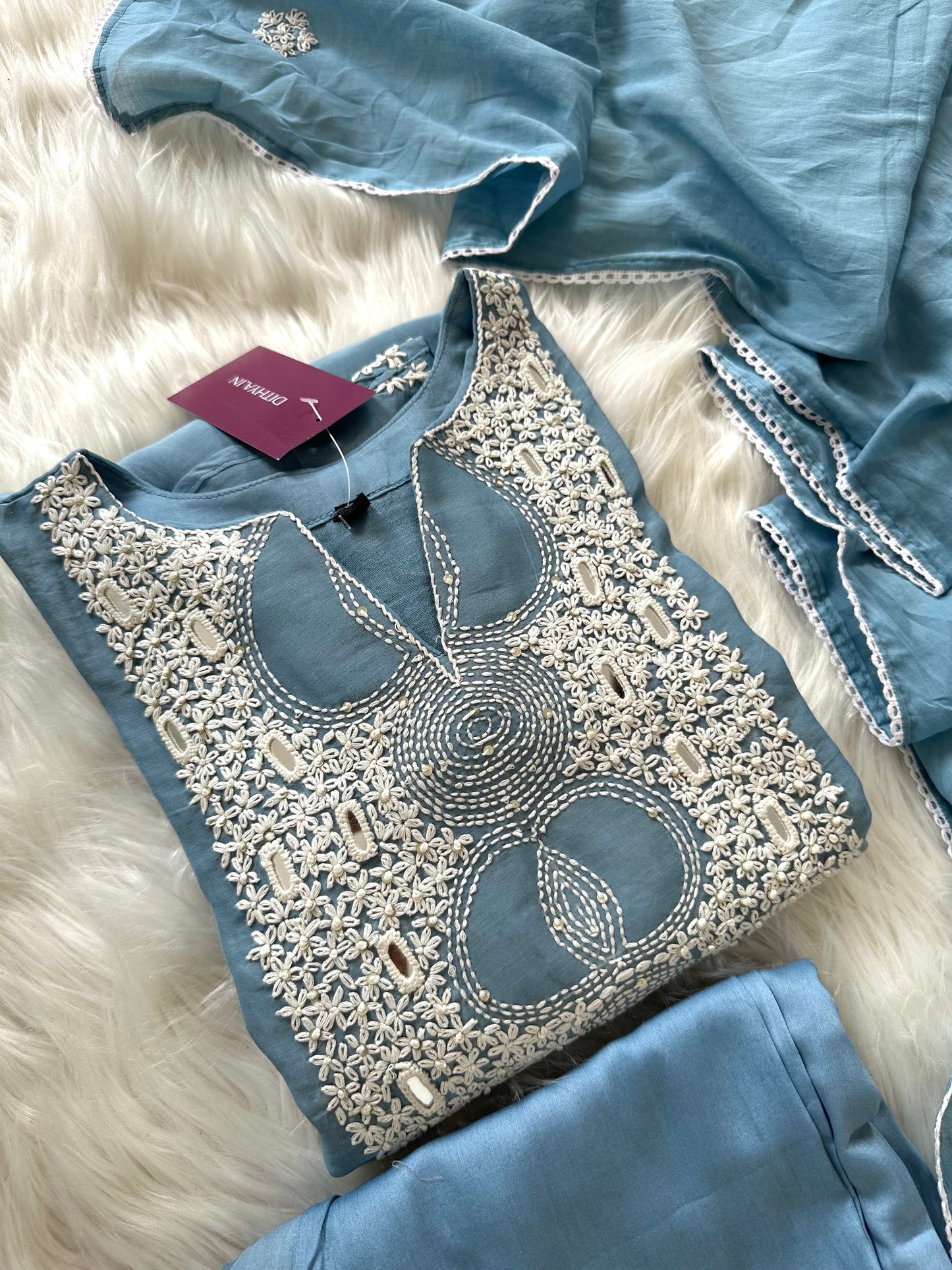 K410 - Mul Chanderi handwork Aline Kurti with pants and dupatta in 2 colours