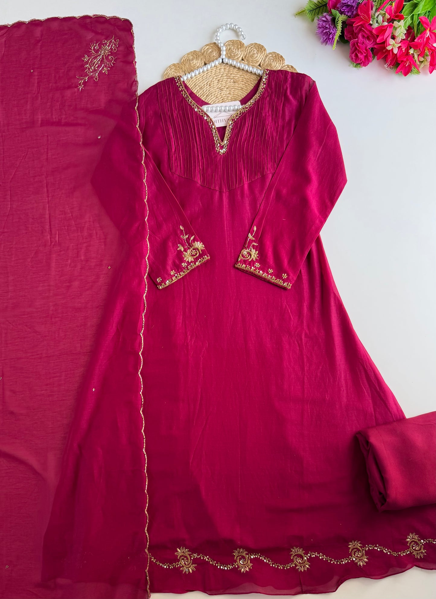 K295 - Mul chanderi handwork Aline Kurti with pants and dupatta