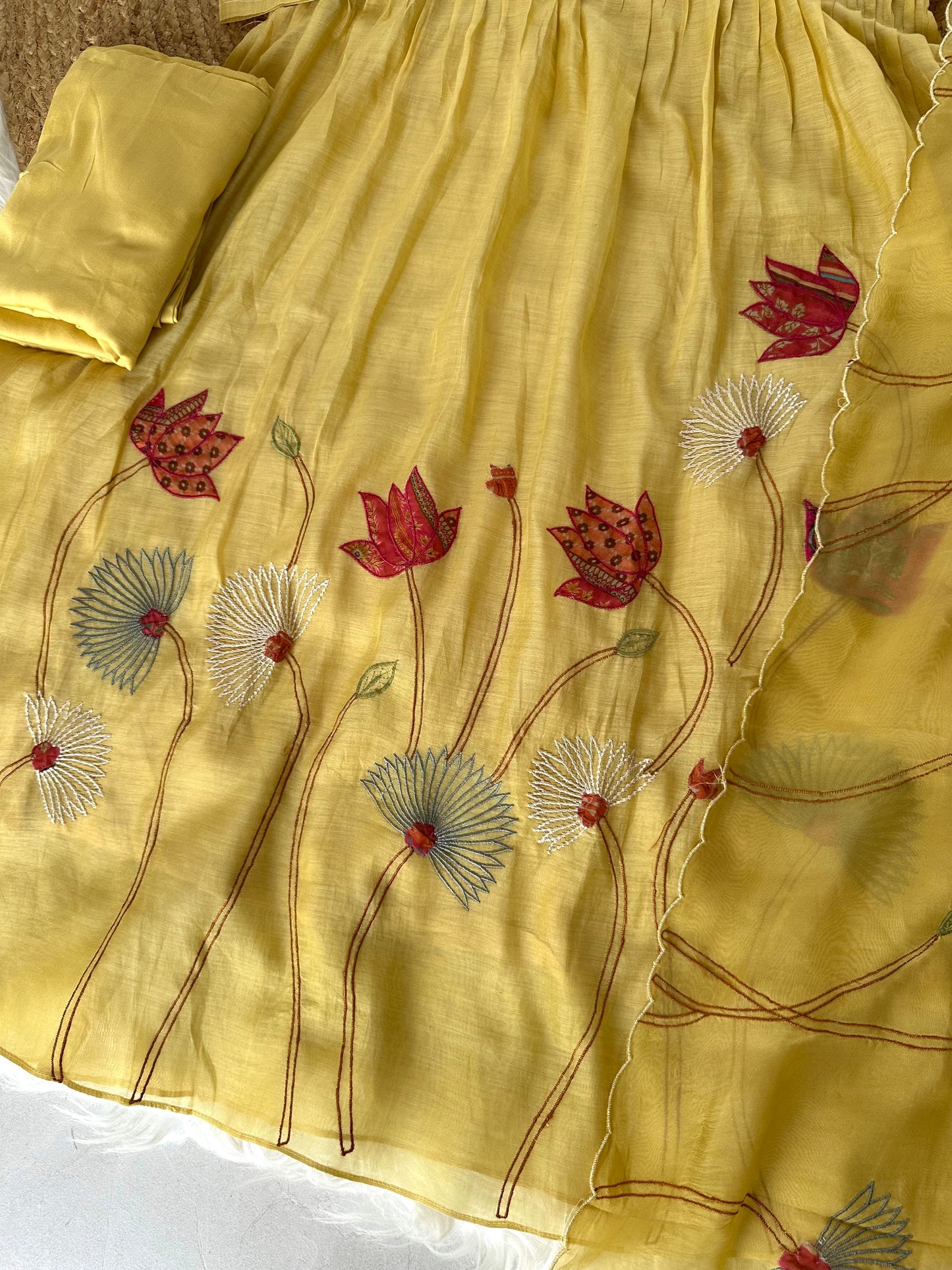 K304 - Mul Chanderi appliqué work Aline Kurti with pants and dupatta in 2 colours