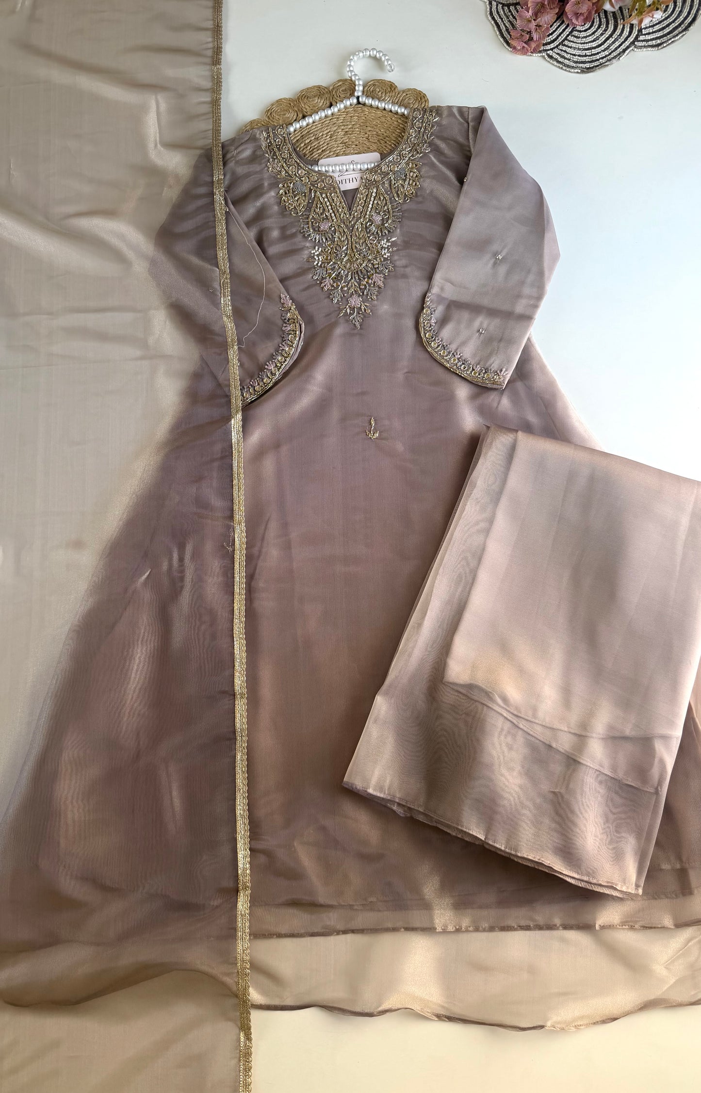 K540 - Tissue silk handwork aline Kurti with pants and dupatta