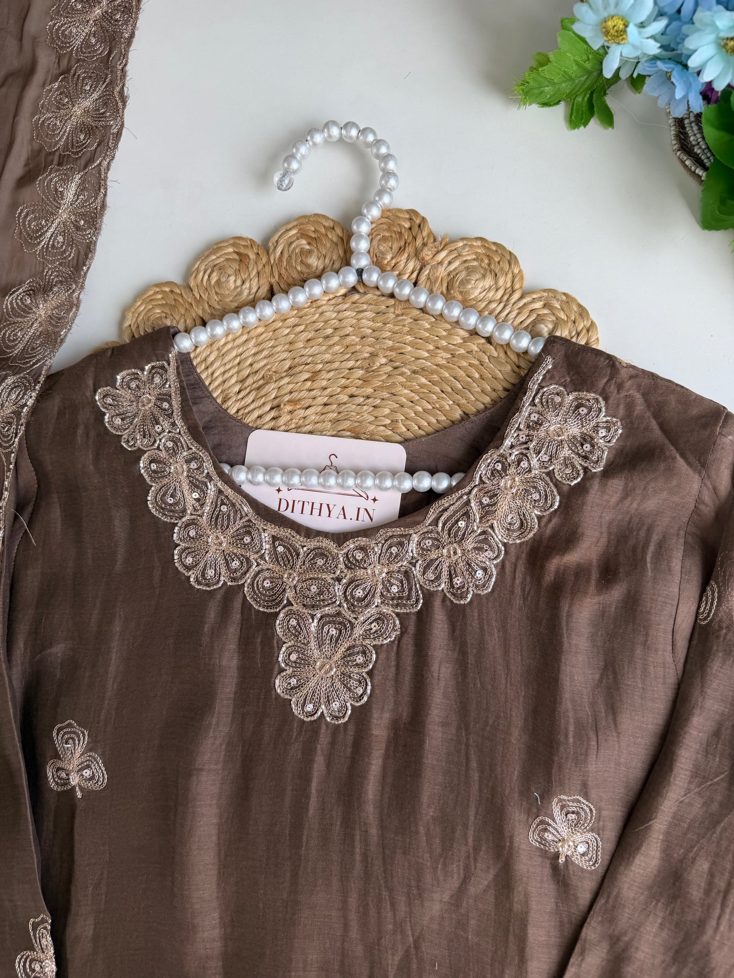 K304 - Mul chanderi zari work Aline Kurti with pants and dupatta