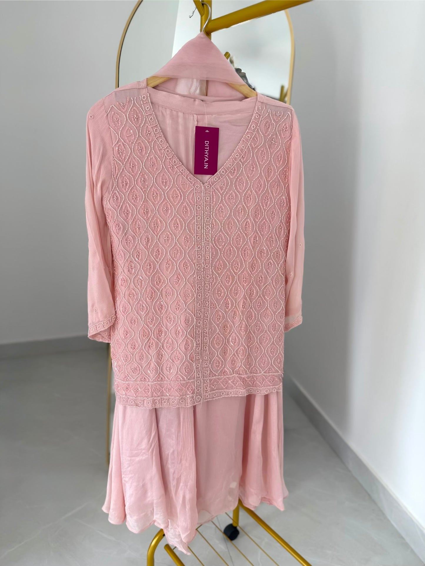K522 - Pure chinnon handwork Kurti with palazzo and dupatta