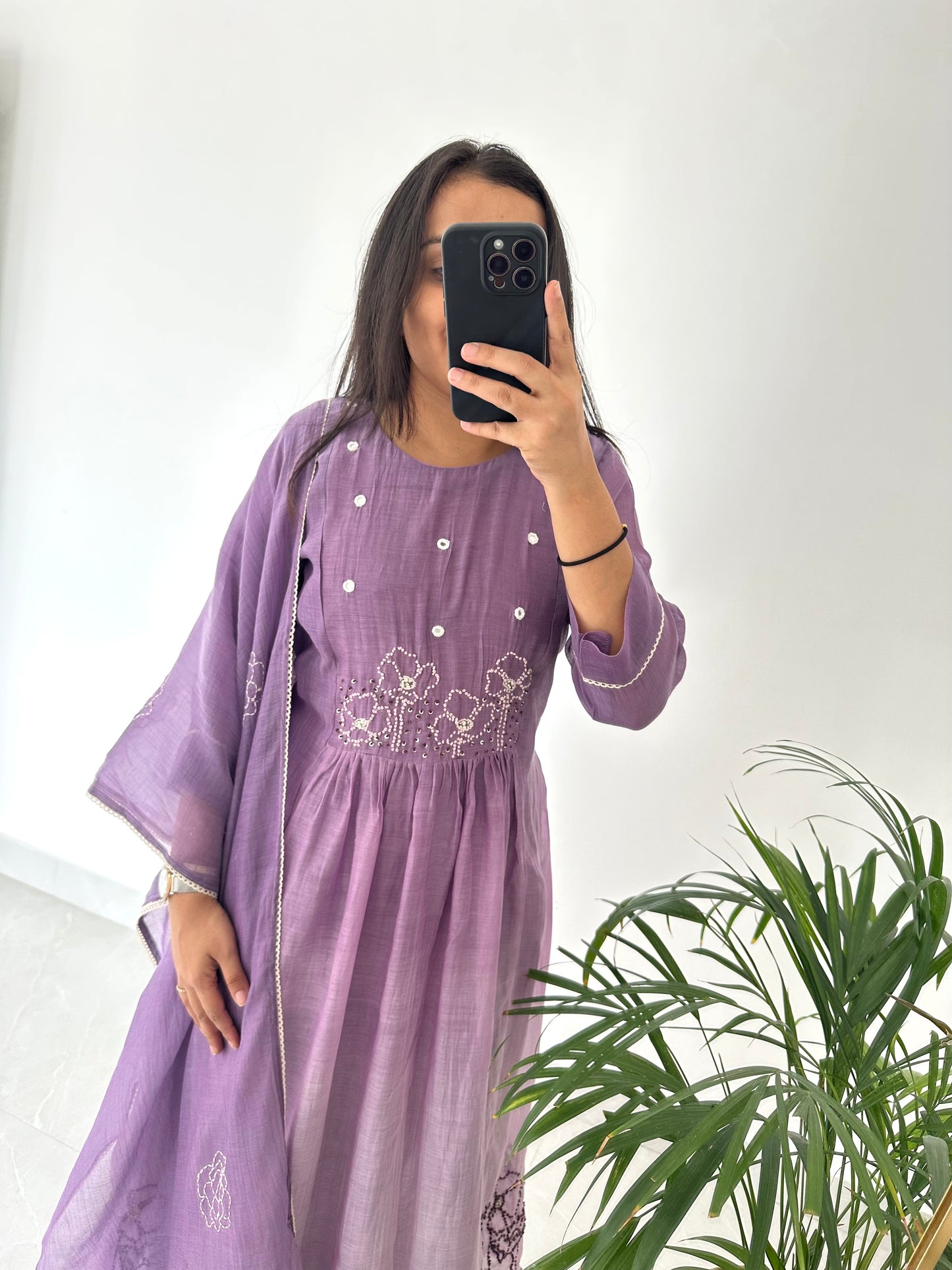 K226 - Mul Chanderi embroidered Aline Kurti with pants and dupatta