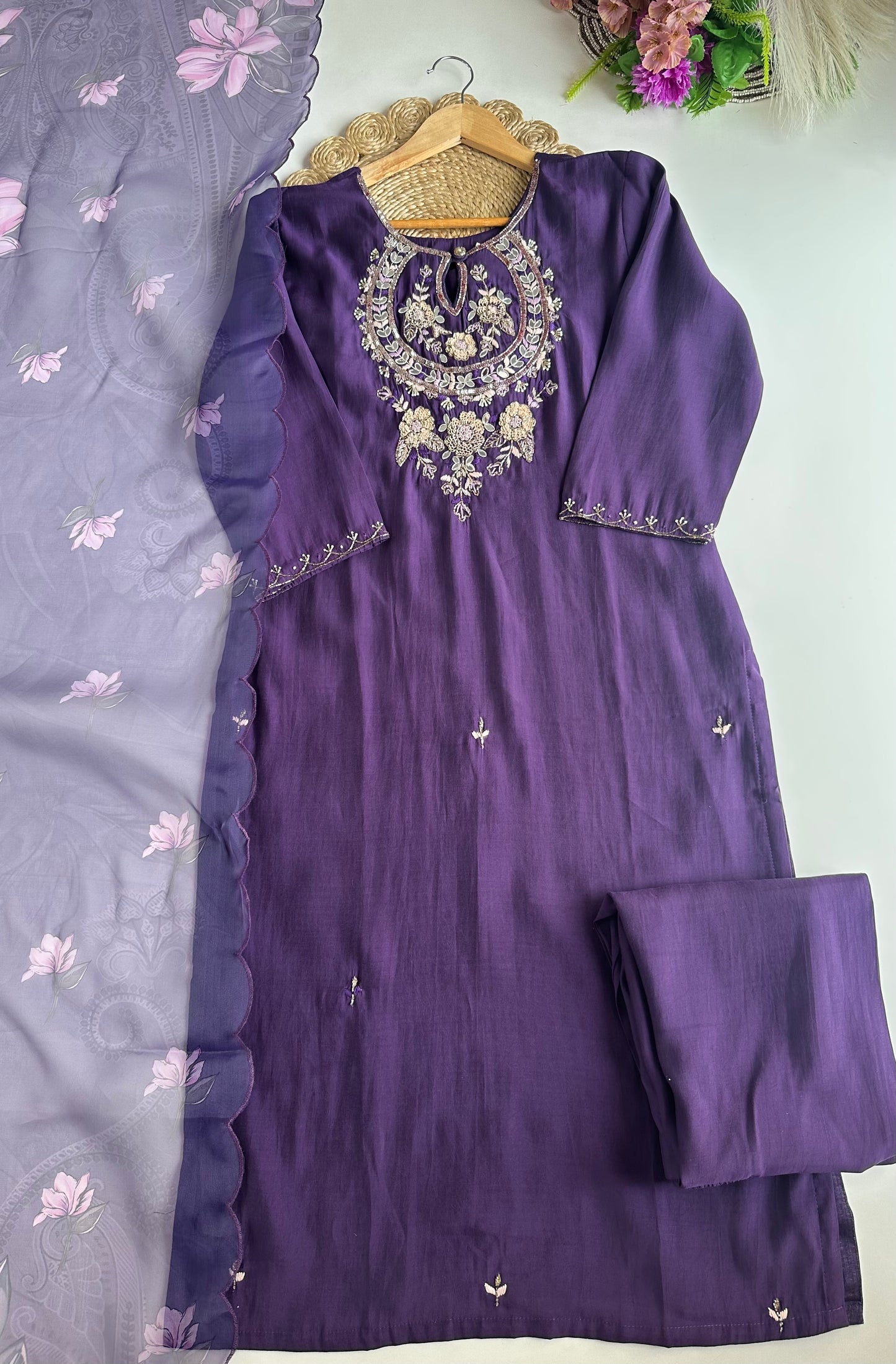 K091 - Roman silk Handwork straight Kurti with pants and dupatta