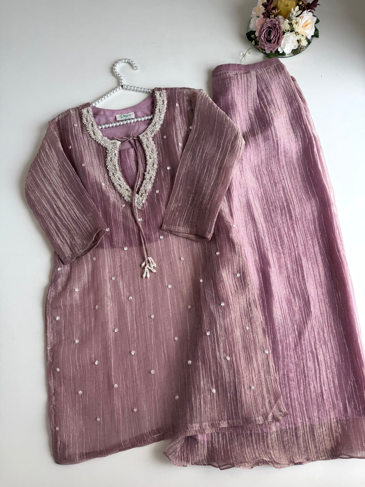 K734 - Tissue silk handwork aline Kurti with bustier and divider pants