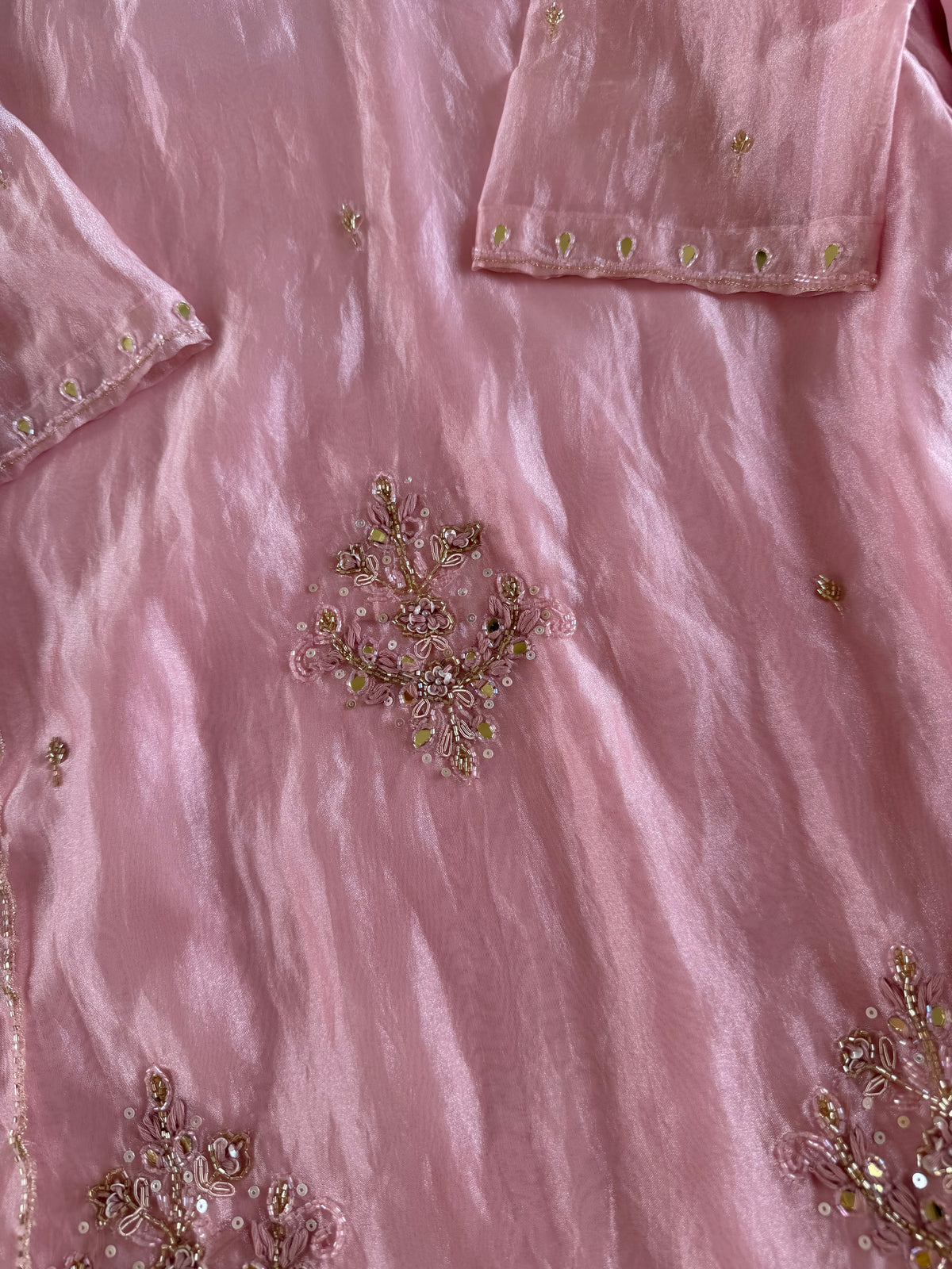 K391 - Glass tissue silk handwork short Kurti with divider pants and dupatta