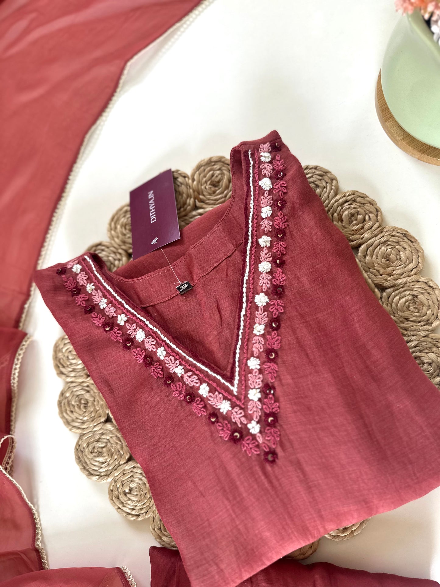 K116 - Mul Chanderi Threadwork Anarkali with pants and dupatta .