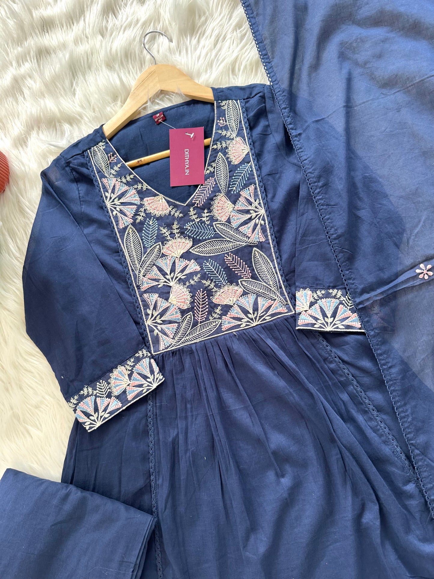 K012 - Mulmul cotton embroidered Aline Kurti with pants and dupatta in 2 colours