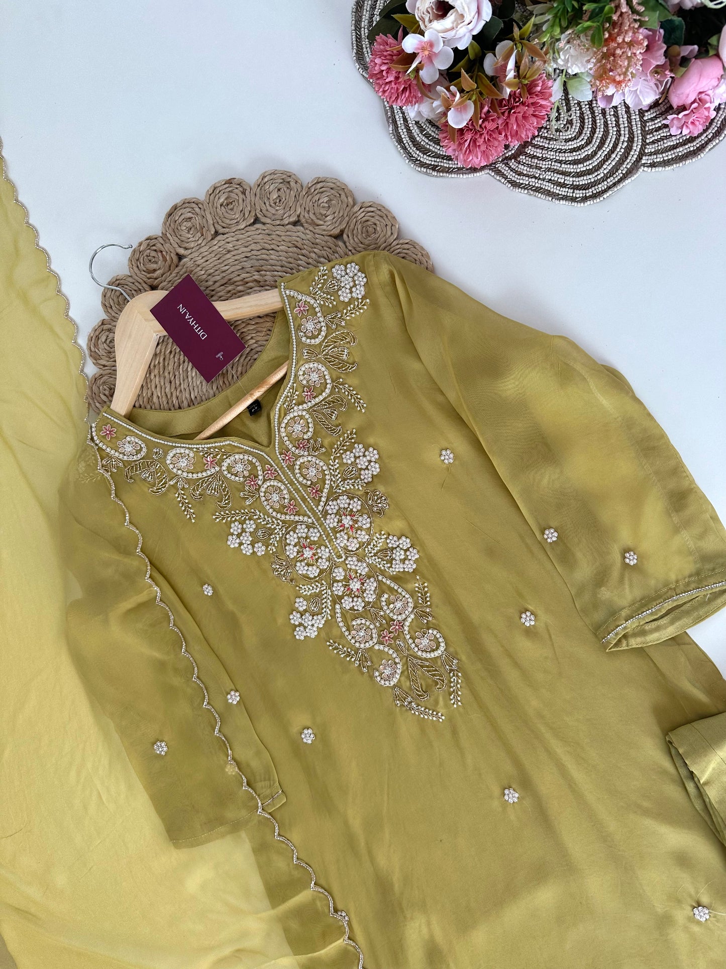 K137 - Viscose organza Handwork straight kurti with pants and dupatta.