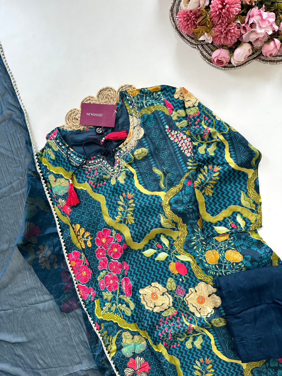 K321 - Chinnon floral straight Kurti with pants and dupatta
