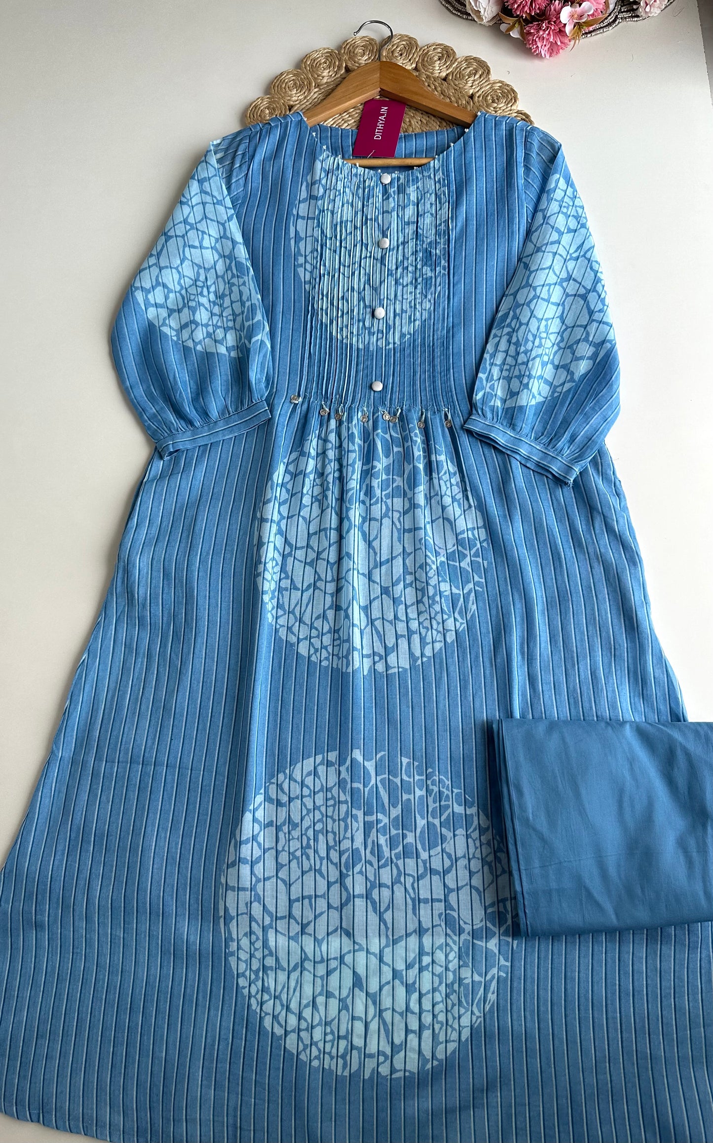 K238 - Cotton pintex floral Aline Kurti with pants in 2 colours