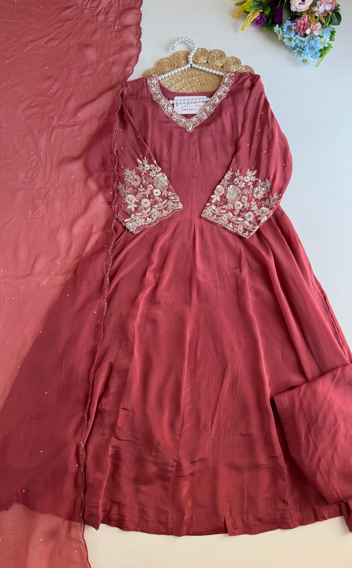 K131 - Pure Chinnon handwork Anarkali with pants and dupatta