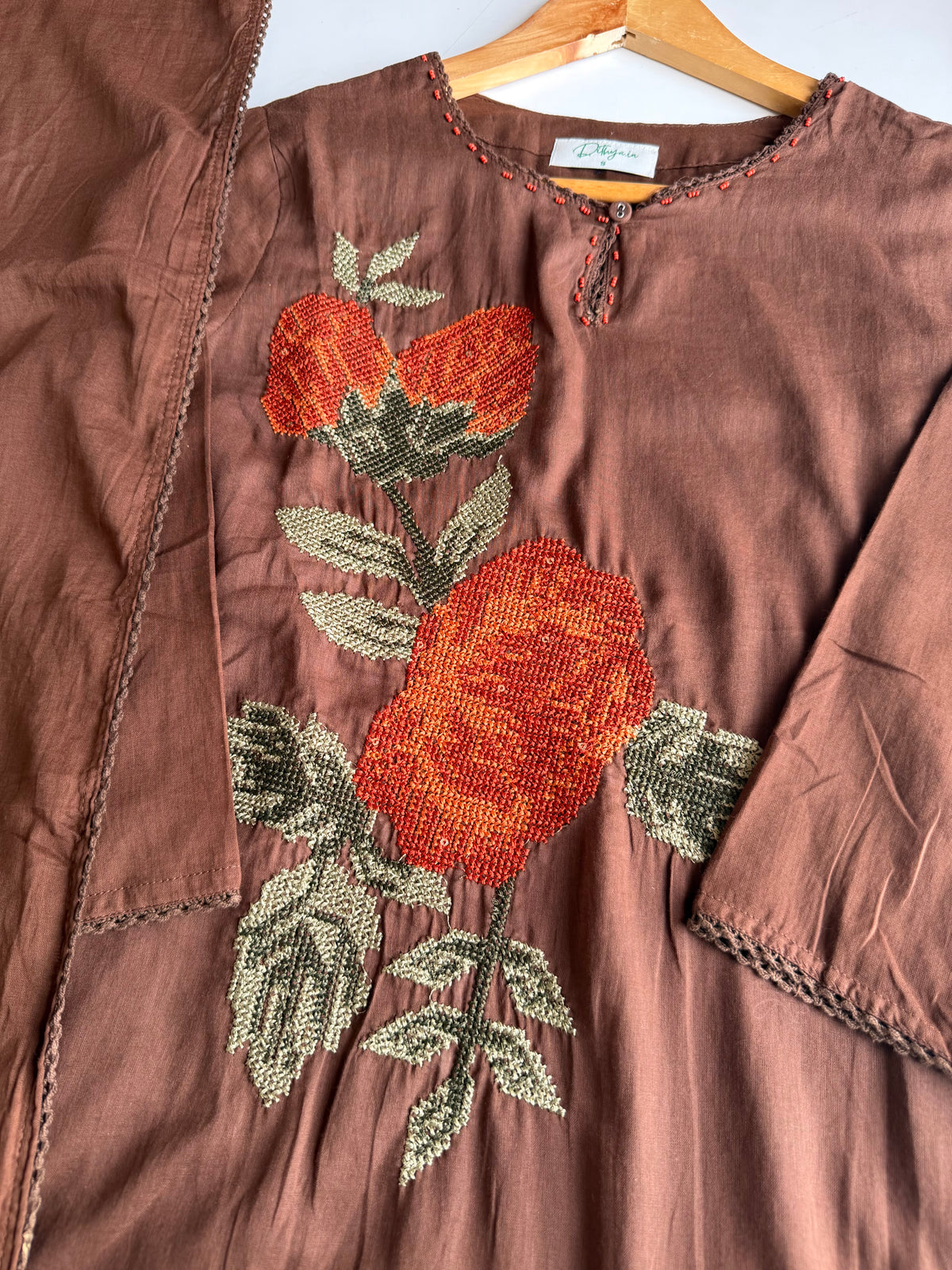 K296 - Mul cotton embroidered Aline Kurti with pants and dupatta