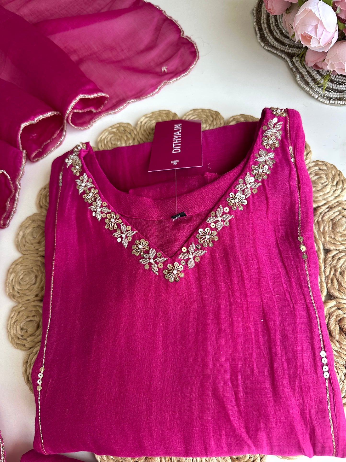 K309 - Mul Chanderi handwork Anarkali with pants and dupatta