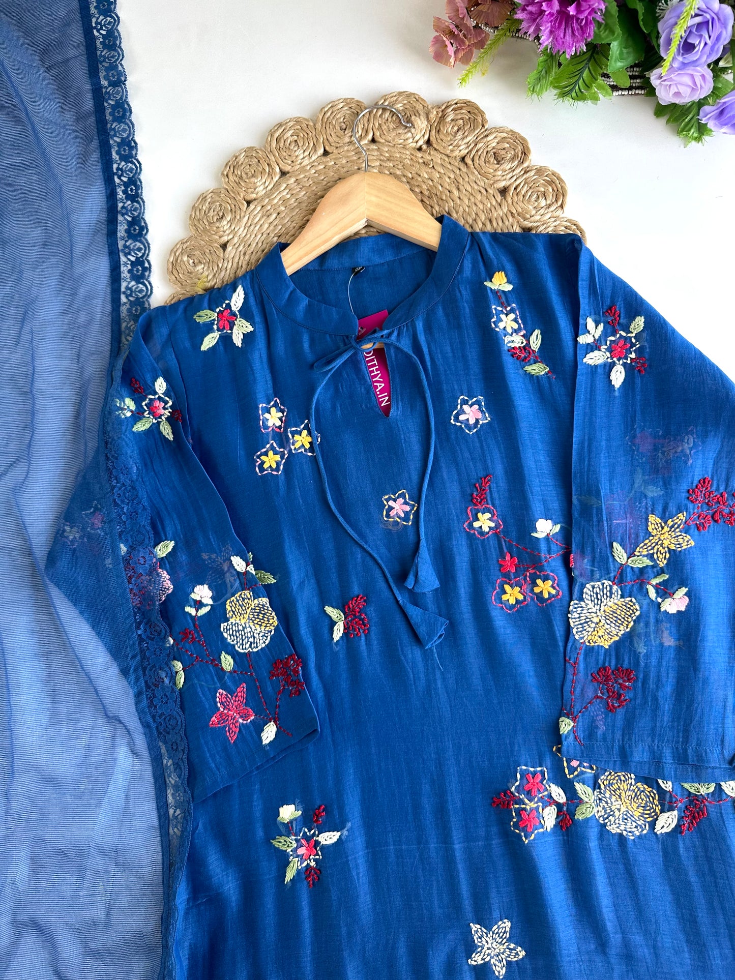 K231 - Mul Chanderi Appliqué work Aline Kurti with pants and dupatta