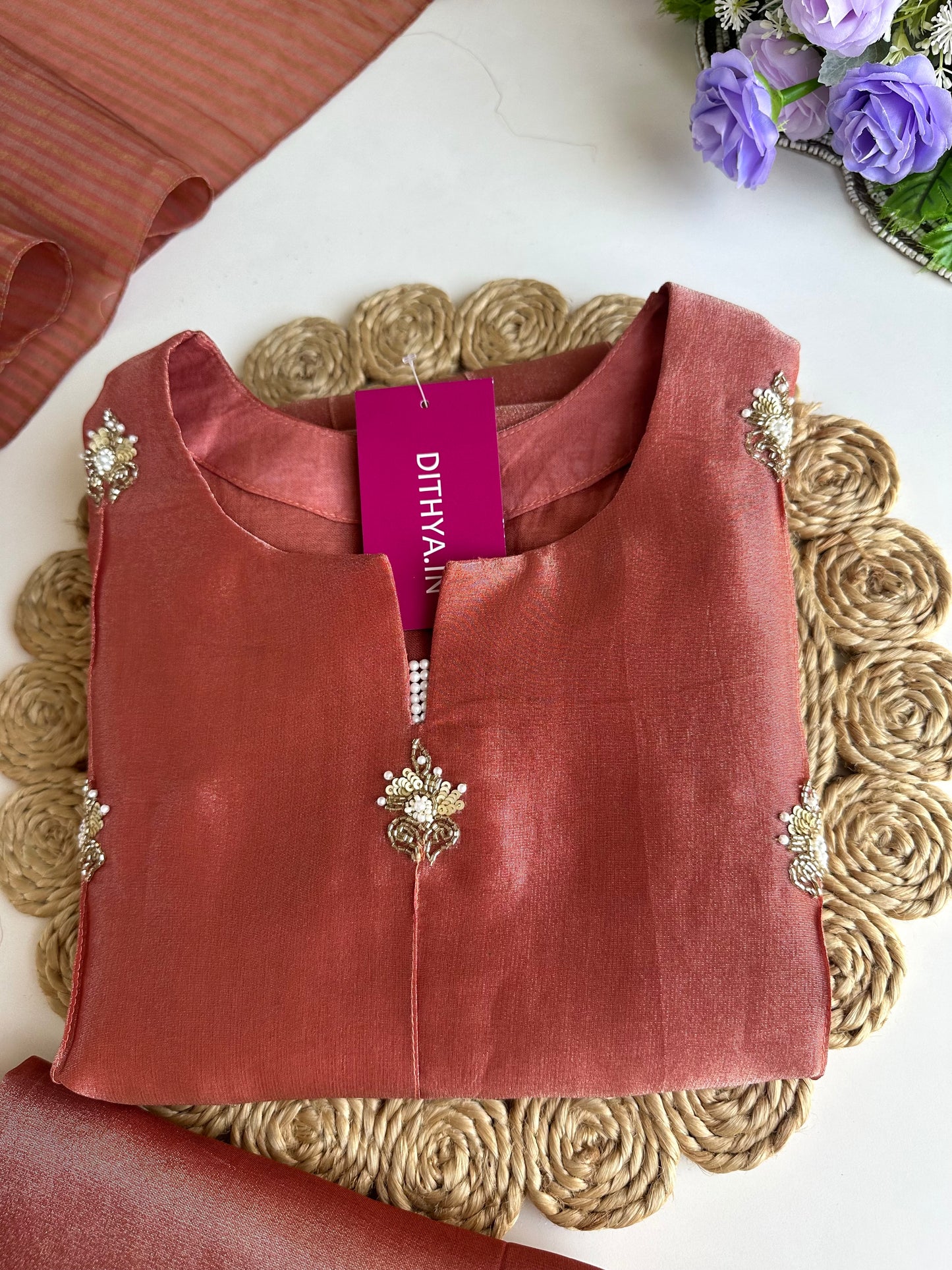 K297 - Tissue silk handwork straight kurti with pants and dupatta