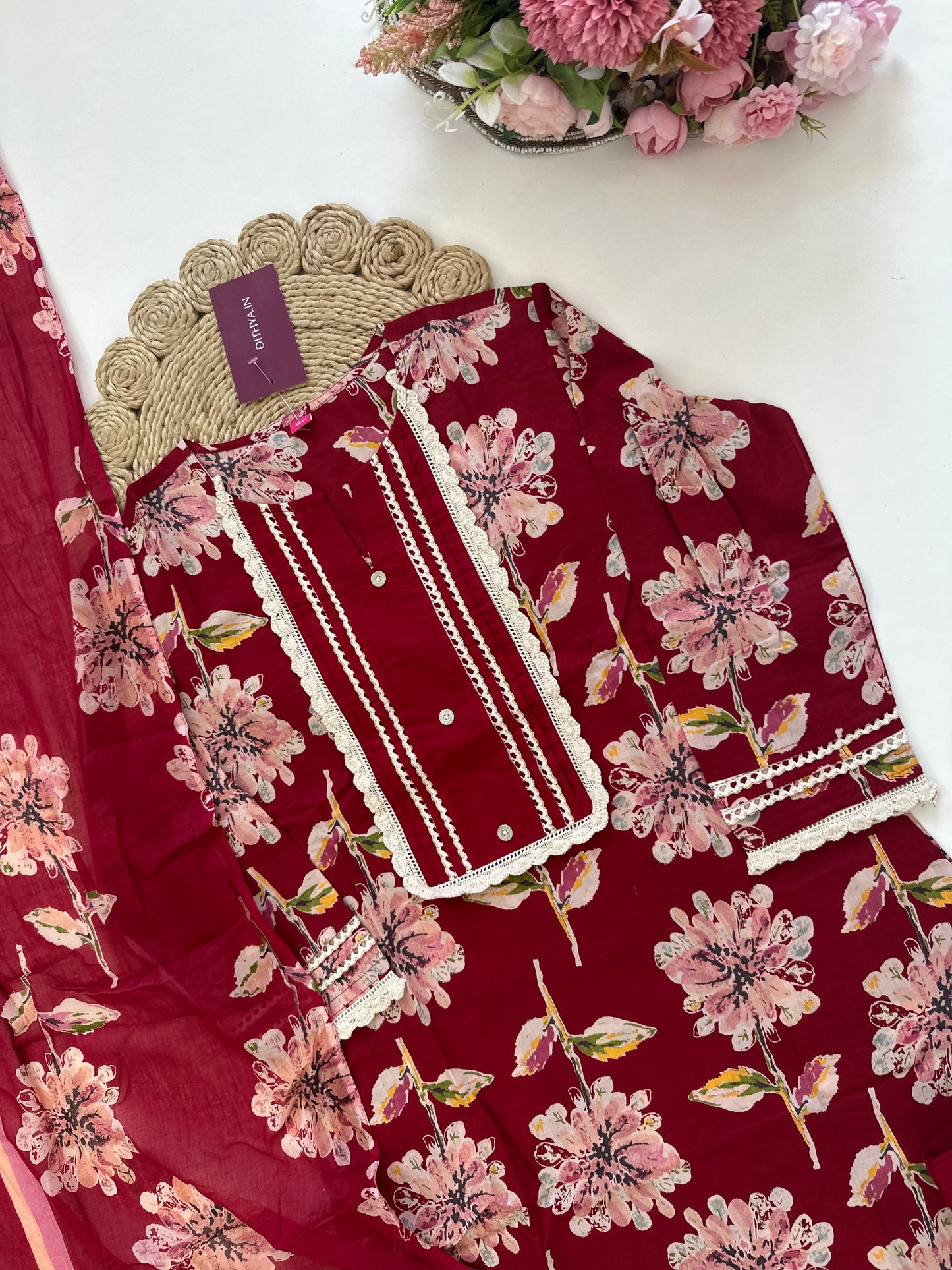 K037 - Cotton floral straight kurti with pants and dupatta.