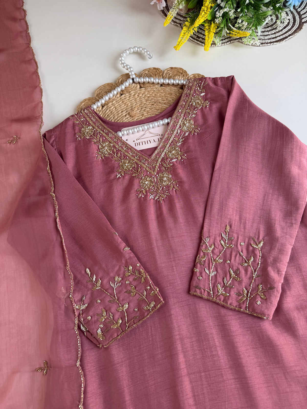K661 - Russian silk handwork aline Kurti with pants and dupatta