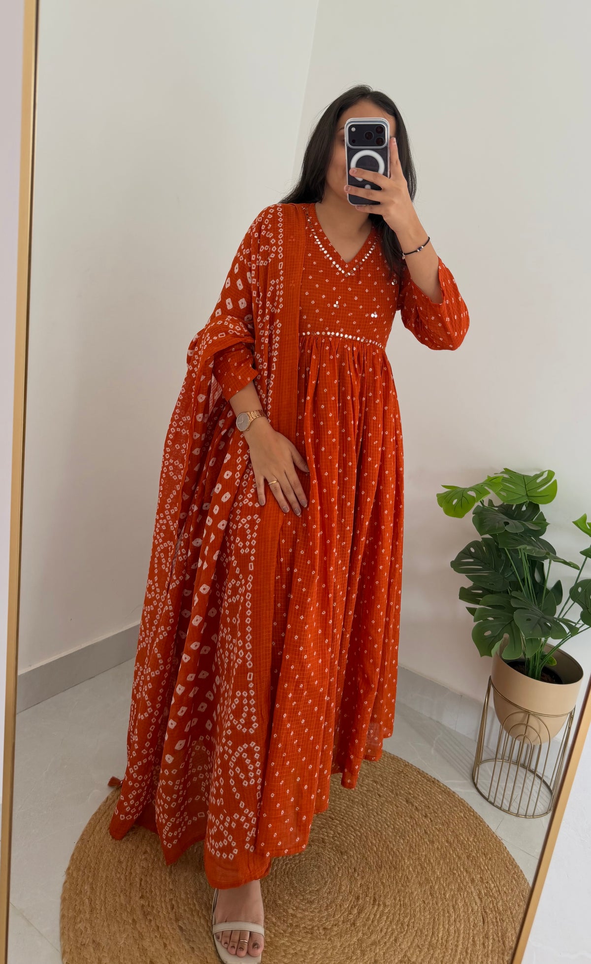 K017 - Kota doriya bandhini mirror work Anarkali with pants and dupatta in 3 colours