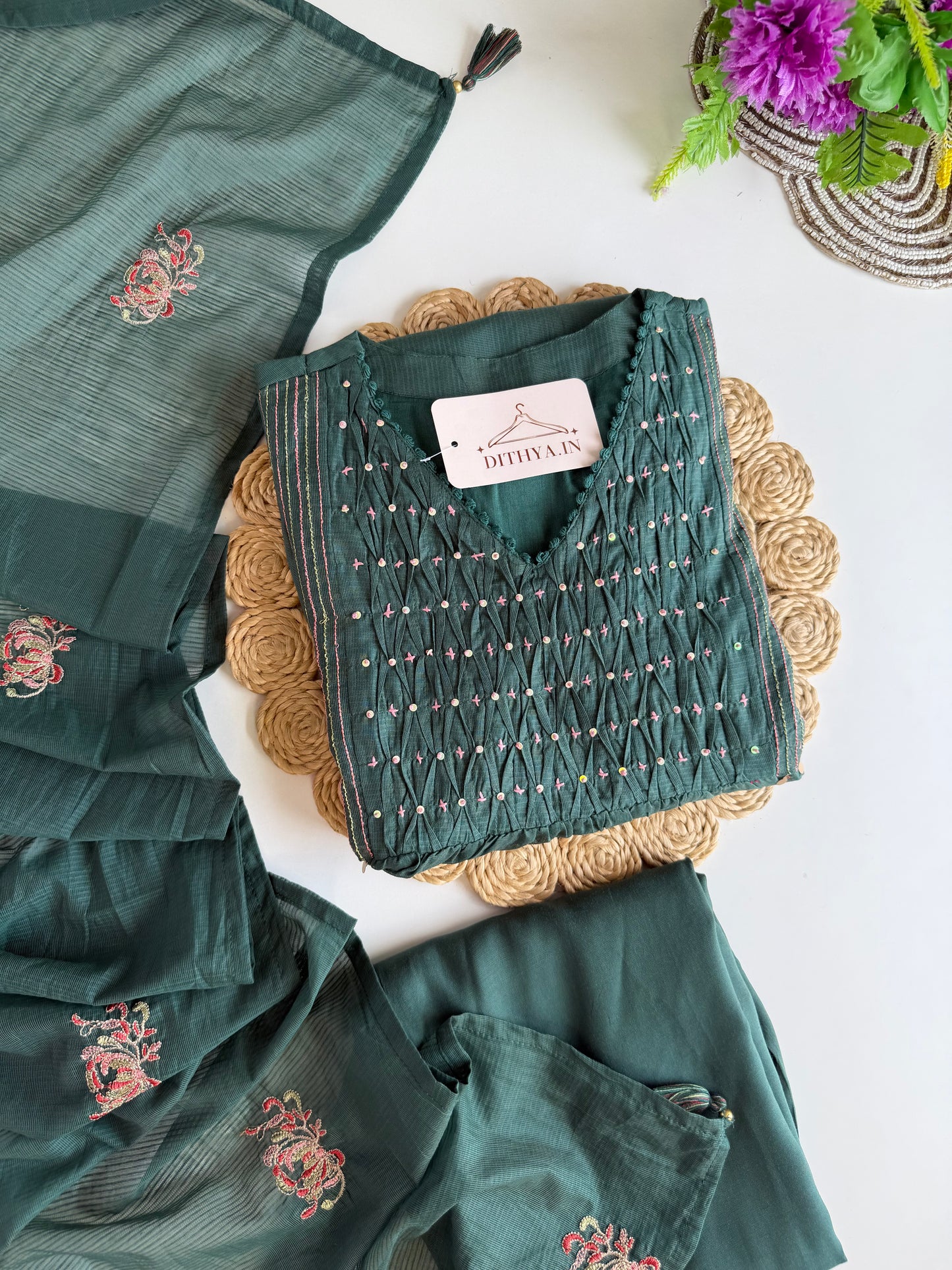 K492 - Mul chanderi handwork Anarkali with pants and dupatta